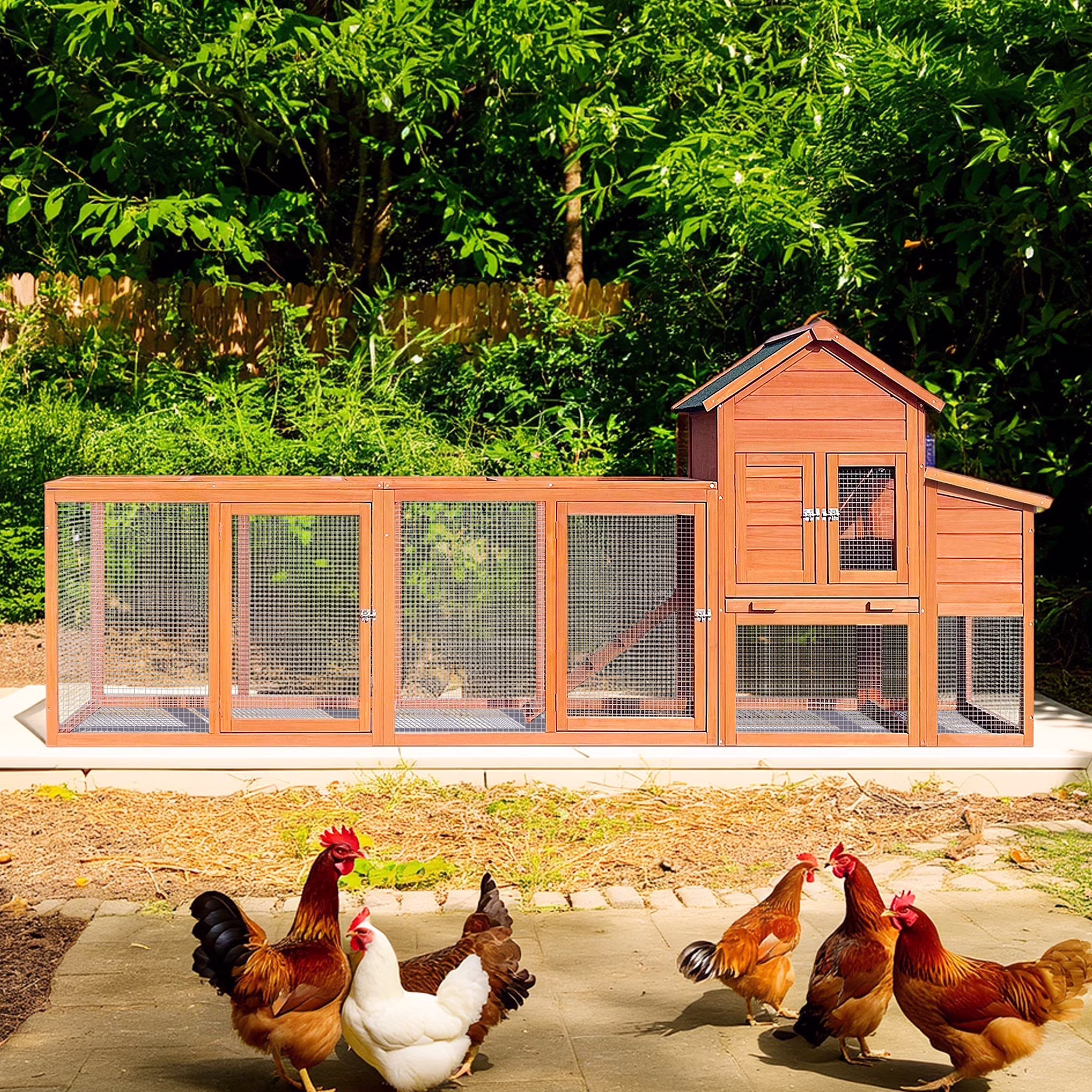 Pefilos 112″ Large Rabbit Hutch Outdoor Wood Chicken Coop, Hen House with Nest Box, Wire Fence Poultry Cage, Orange