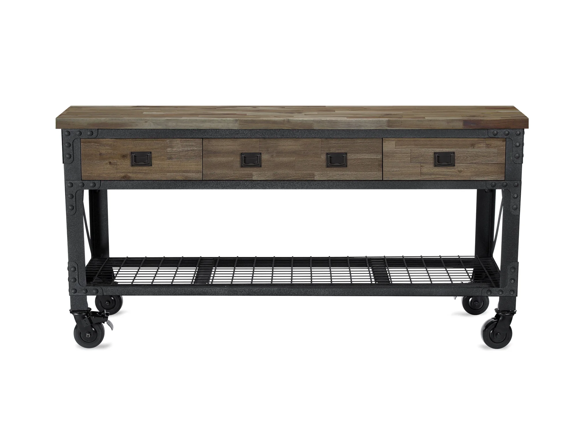 72 In x 24 In. 3 Drawer Rolling Industrial Workbench with Wood Top - Aged Macadamia