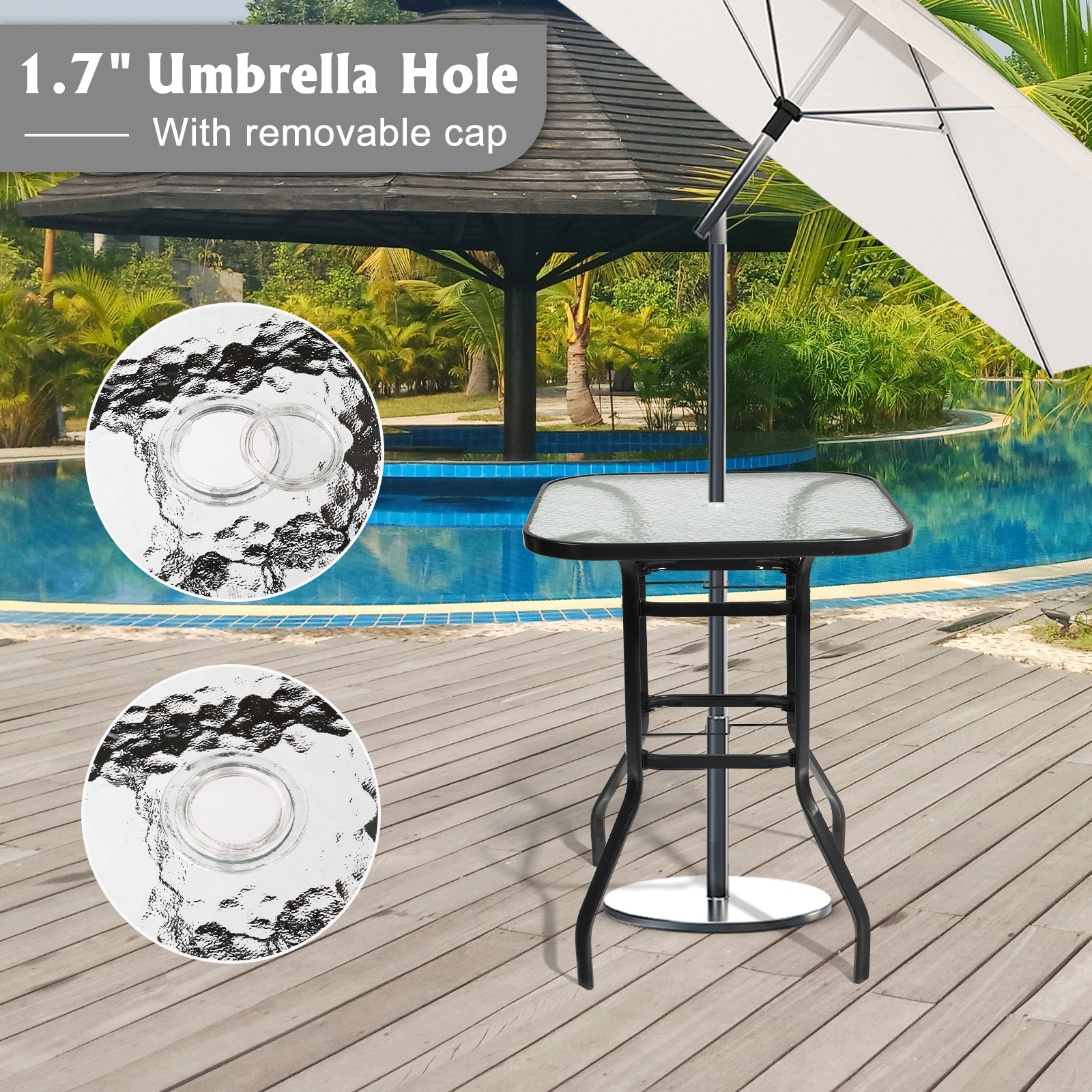 IVV Outdoor Patio Bar Height Bistro Table w/ Tempered Glass Top & 1.8" Umbrella Hole & Metal Frame, 31.5"L x 31.5"W x 39.8"H, Black & Clear
