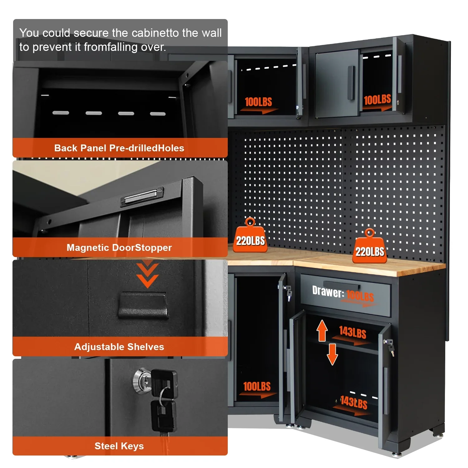 HPDMC 7-Piece Metal Garage Cabinet System With 4-Drawer Roller Cabinet, 47.2 in Workbench And Pegboards
