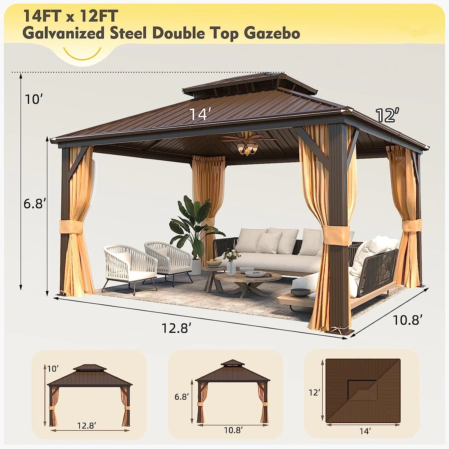 Hommow 10' X 12' Hardtop Gazebo Aluminum Frame Gazebo with Galvanized Steel Double Roof
