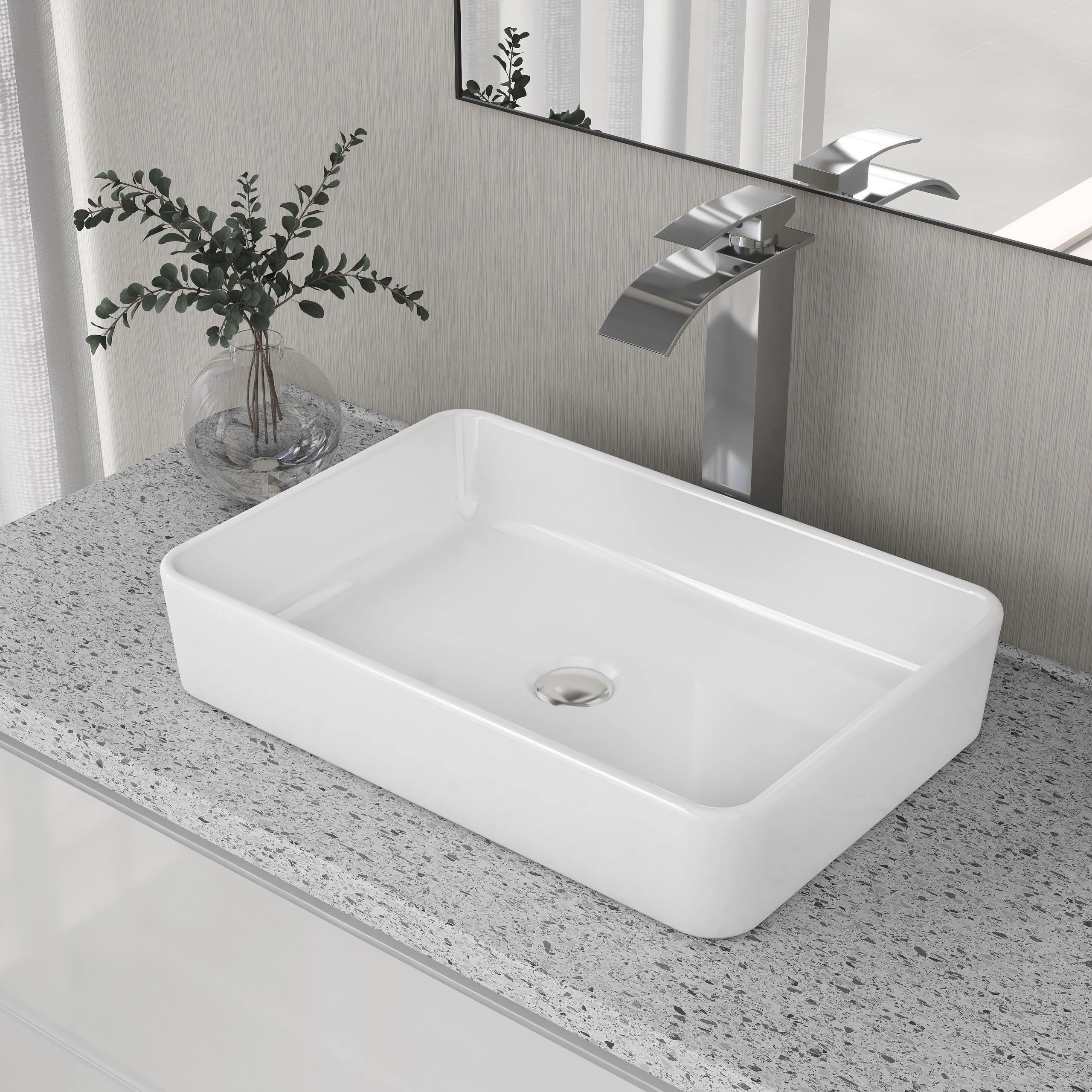 DeerValley DV-1V032 White Ceramic Rectangular Vessel Sink Above Counter White Bathroom Vanity Sink Bathroom Sink Art Basin (19.92” L x 14” W x 4.37” H)