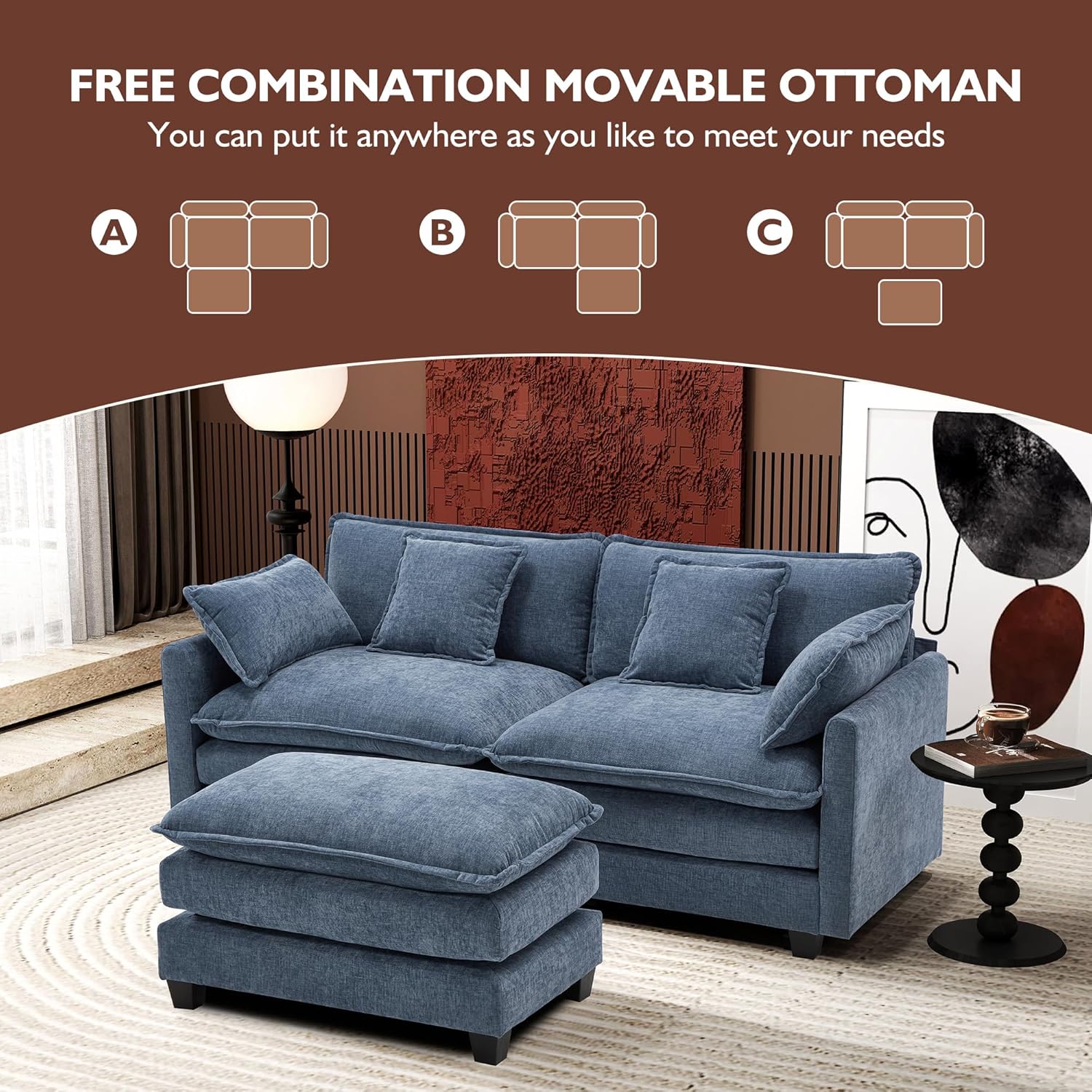 Ihanherry 146" U-Shaped Modern Sofa Modular Sectional Cloud Couch with 2 Ottoman, 6-Seat Chenille Deep Seat Sofa with 6 Pillows for Living Room, Bedroom and Apartment, Grey