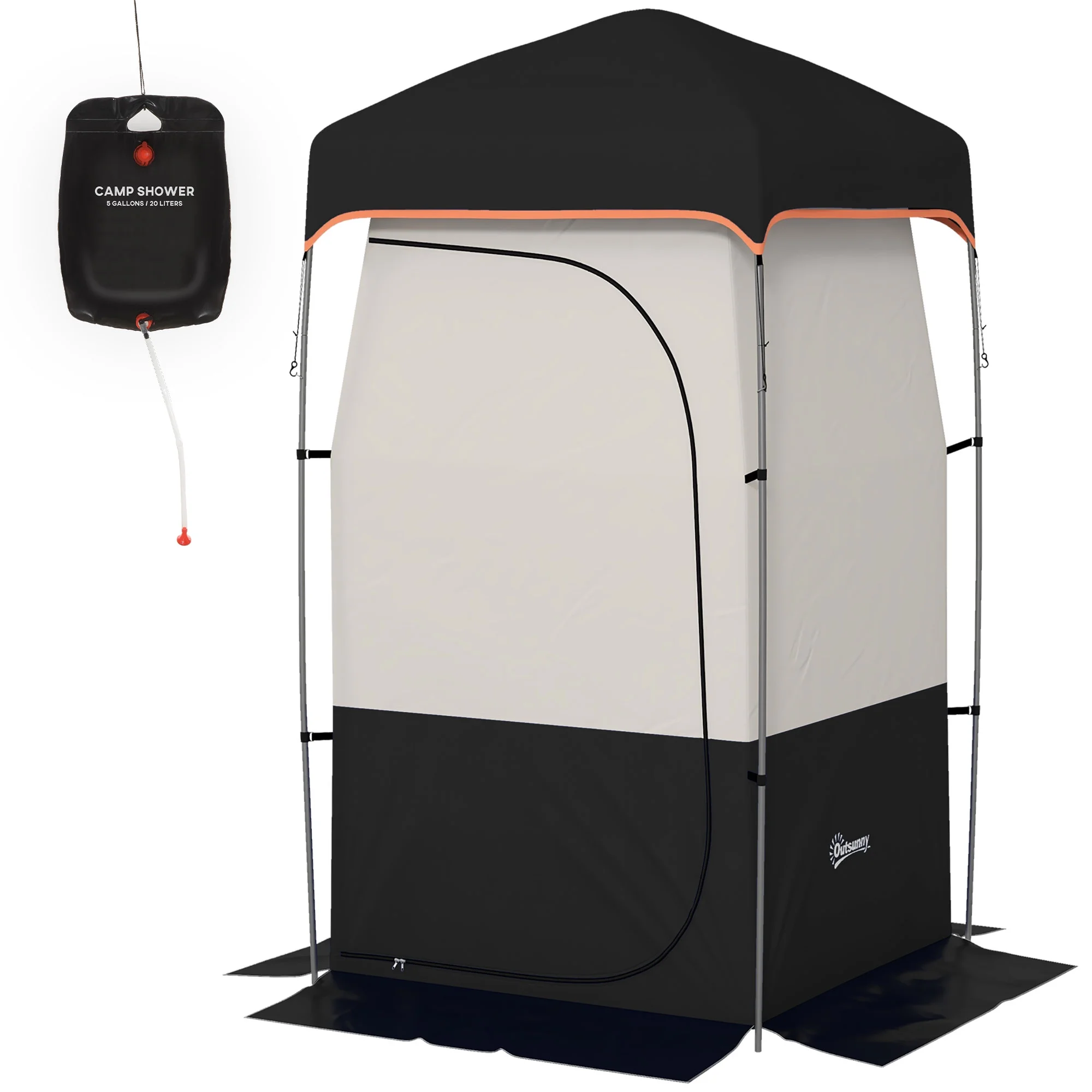 E-Western Outsunny Portable Shower Tent with Solar Shower Bag, Privacy Shelter, Camping Dressing Room, Includes Floor & Carrying Bag, Black, 28.7" x 6.7" x 6.7"