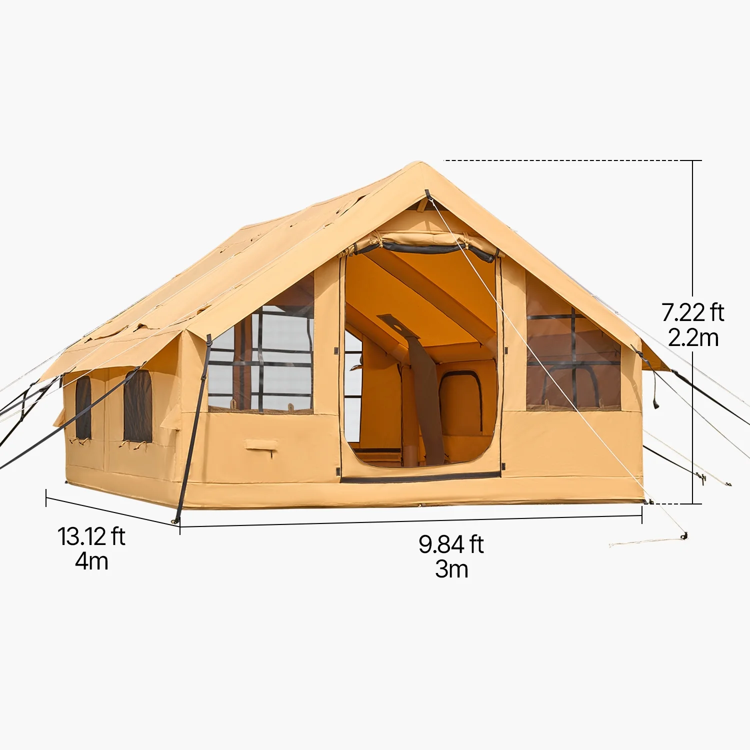 KFFKFF Inflatable Tent for Camping, 13.12 x 9.84 x 7.22 Ft Glamping Blow up Tent for 5-8 People, Air-Filled Camping Shelters, Outdoor Living Tent with Dual Sunroofs, Stove Jack