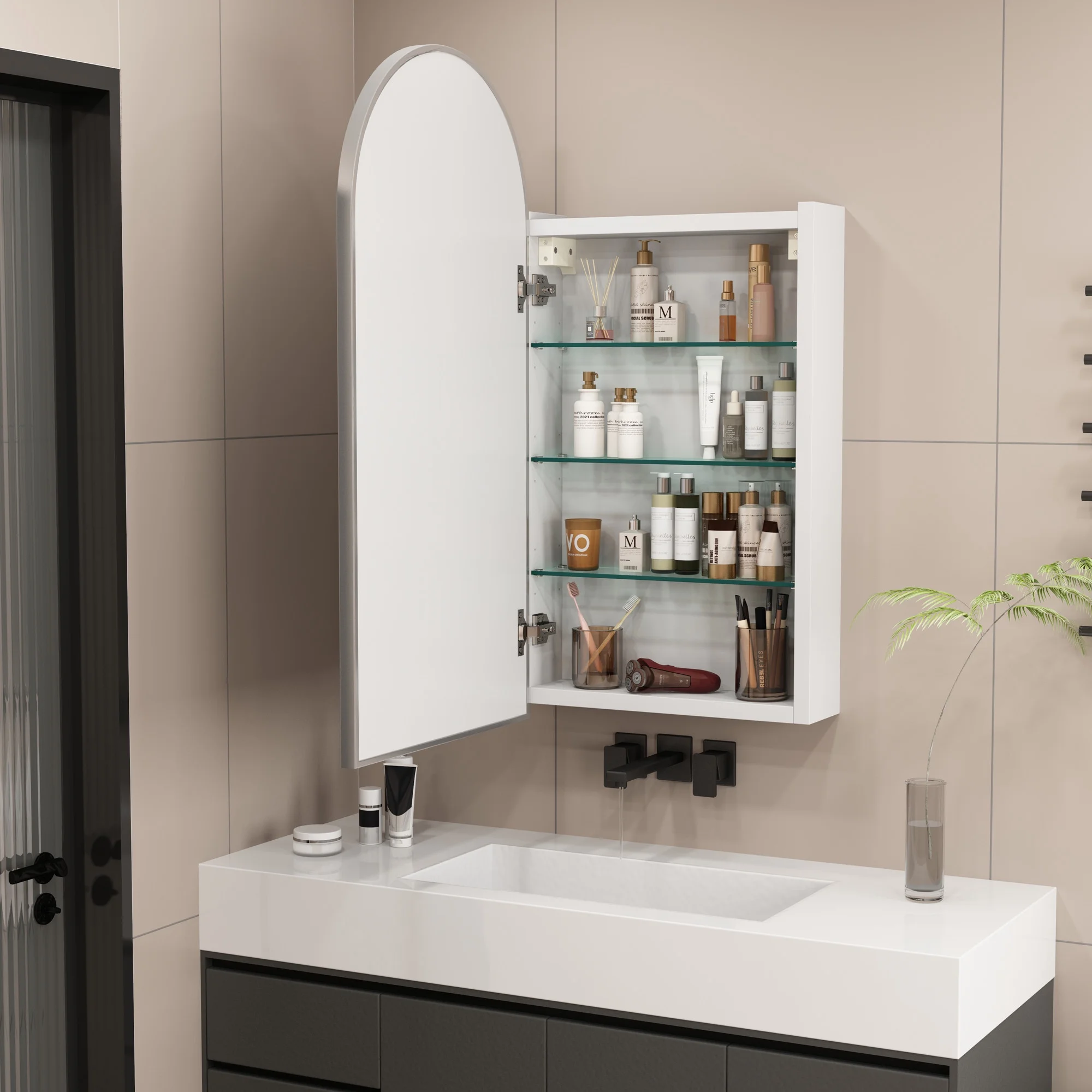 FKWin Arched Bathroom Medicine Cabinet with Mirror - Aluminum Framed Bathroom Mirror with Storage, Black Mirrored Medicine Cabinet, Wall Surface Mounted, 31.4"H x 15.7"W x 3.9"D