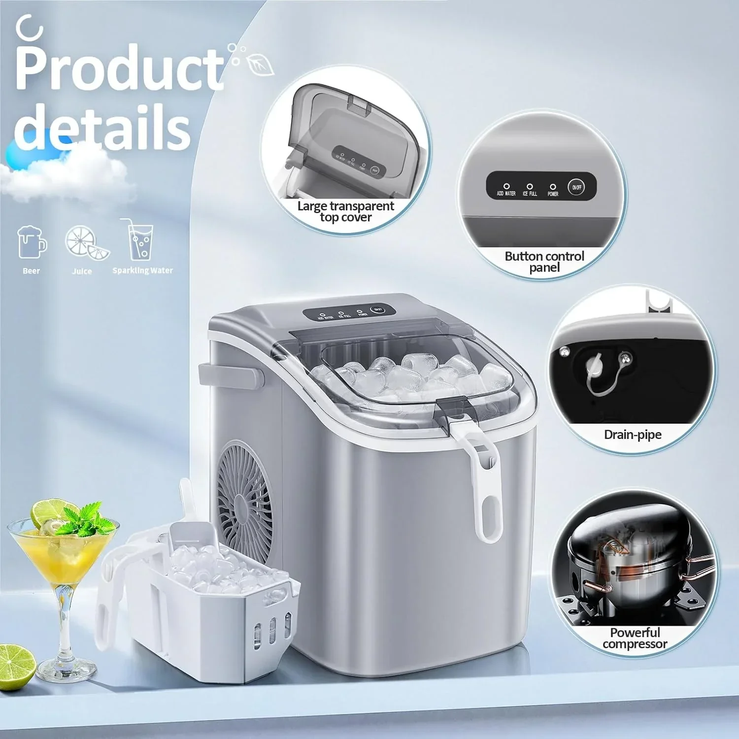 Nugget Ice Makers Countertop, Pebble Ice Machine with Chewable Pellet Ice, 34Lbs/24H, Self-Cleaning, Sonic Ice, One-Click Operation, for Kitchen,Office Stainless Steel Black
