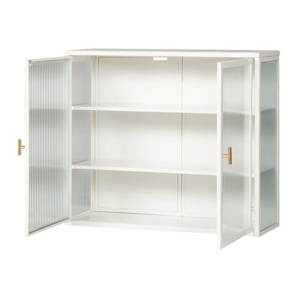 Hassch Wall Mounted Kitchen Pantry Sideboard with 2 Glass Doors, Metal Storage Cabinet Dining Cupboard for Bathroom Kitchen Living Room Dining Room, 27.56"L x 9.06"W x 23.62"H, White