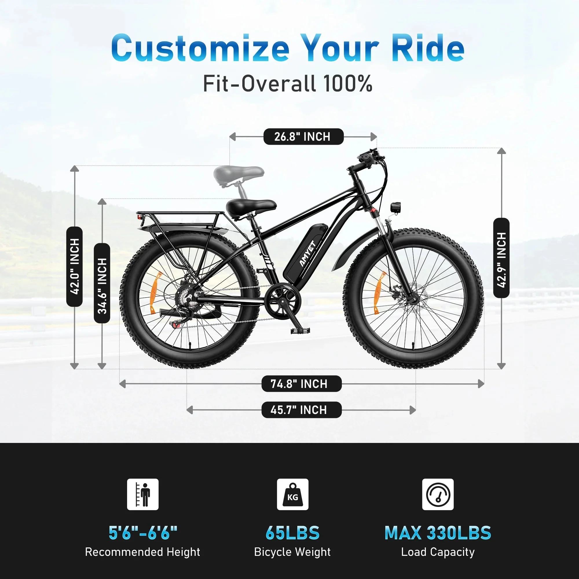 AMYET 26 x 4 Fat Tire Electric Mountain Bike, 48V 15Ah, 7-Speed - EB26