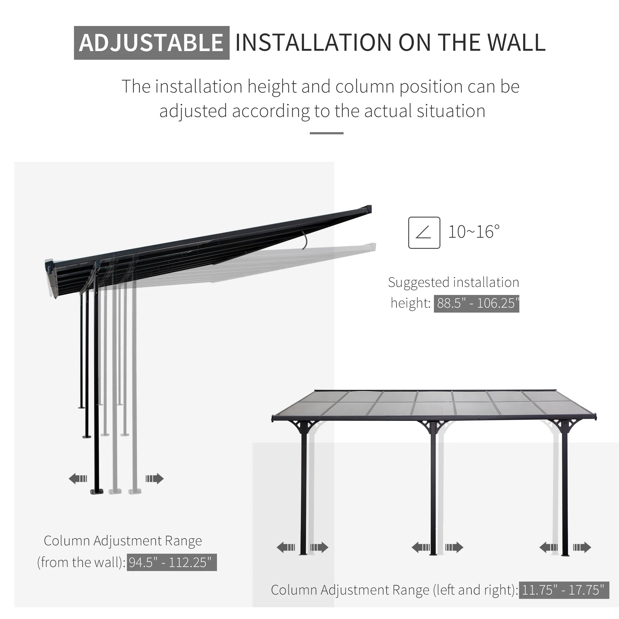 Outsunny 14.5' x 10' Transparent Wall Pergola, UV Blocking Awning, Gray