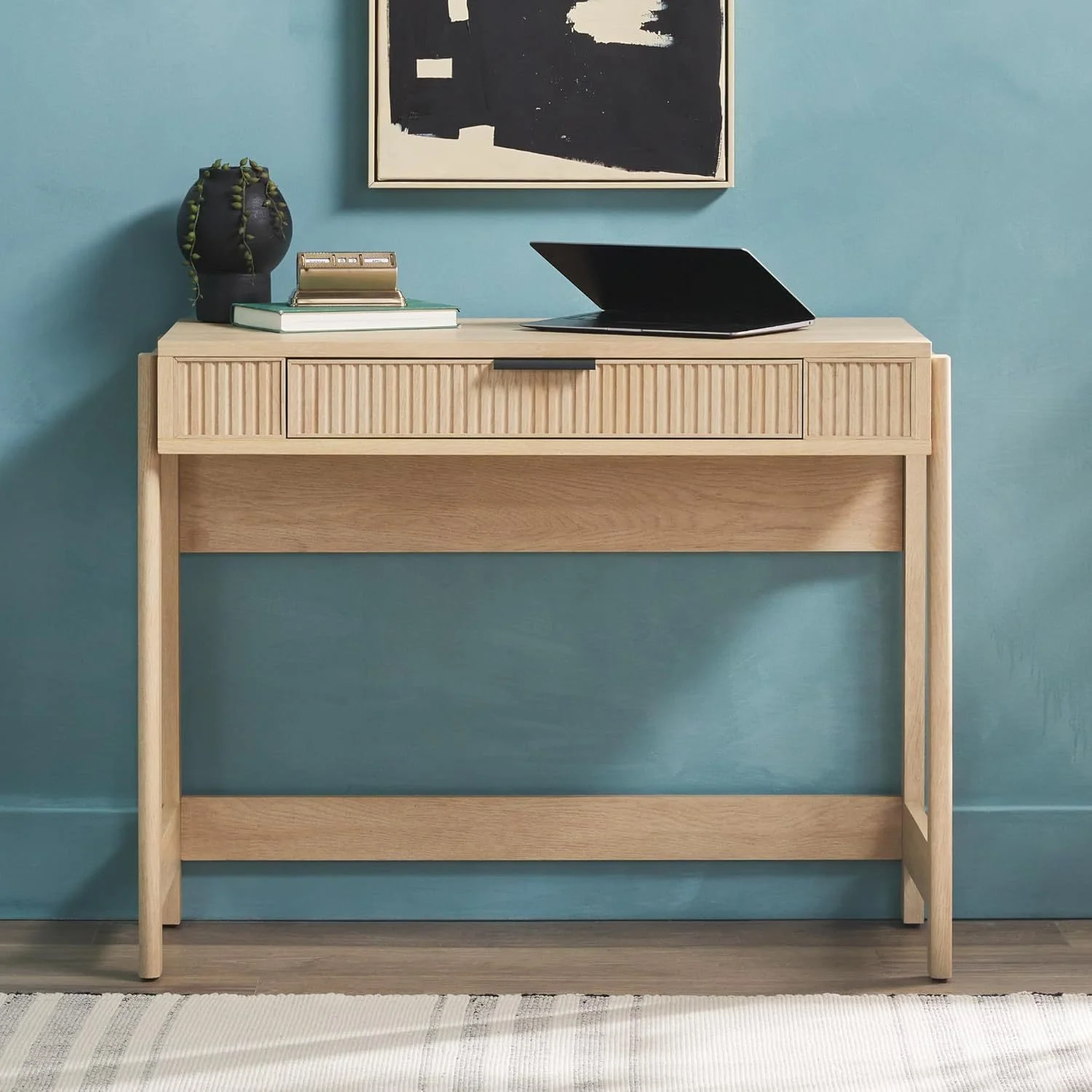 LHHP Transitional Style Furniture, Reeded Detail, Lift-Top Desk with Drawer and Storage Cubby, Sitting to Standing Desk, Soft Self-Close Desktop, 38W x 16.75D x 30H, Coastal Oak