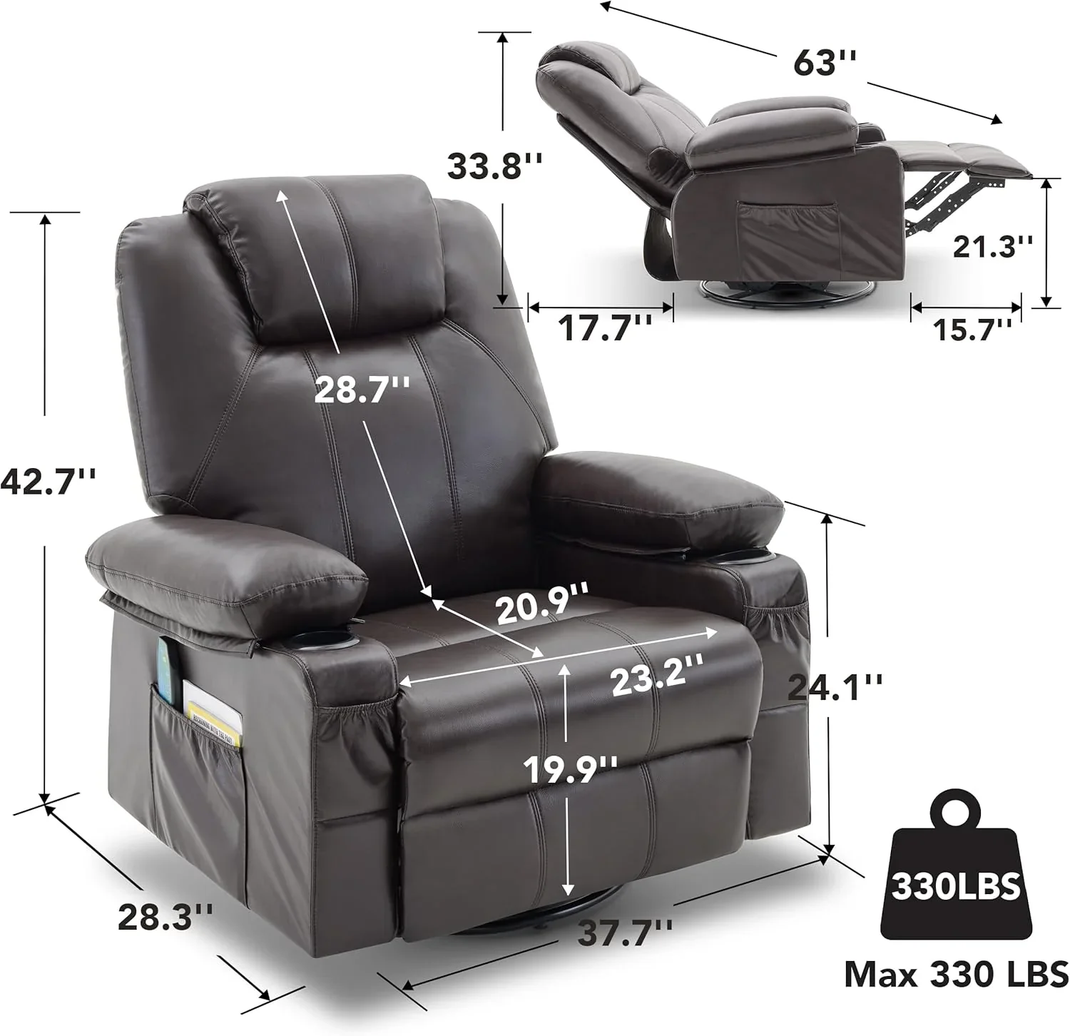 Oversized Swivel Rocker Recliner Chair with Heat and Massage, 360 Degree Swivel Rocking Single Sofa with Cup Holders and USB Port, Large Big Recliner Chair for Living Room (Leather, Brown)