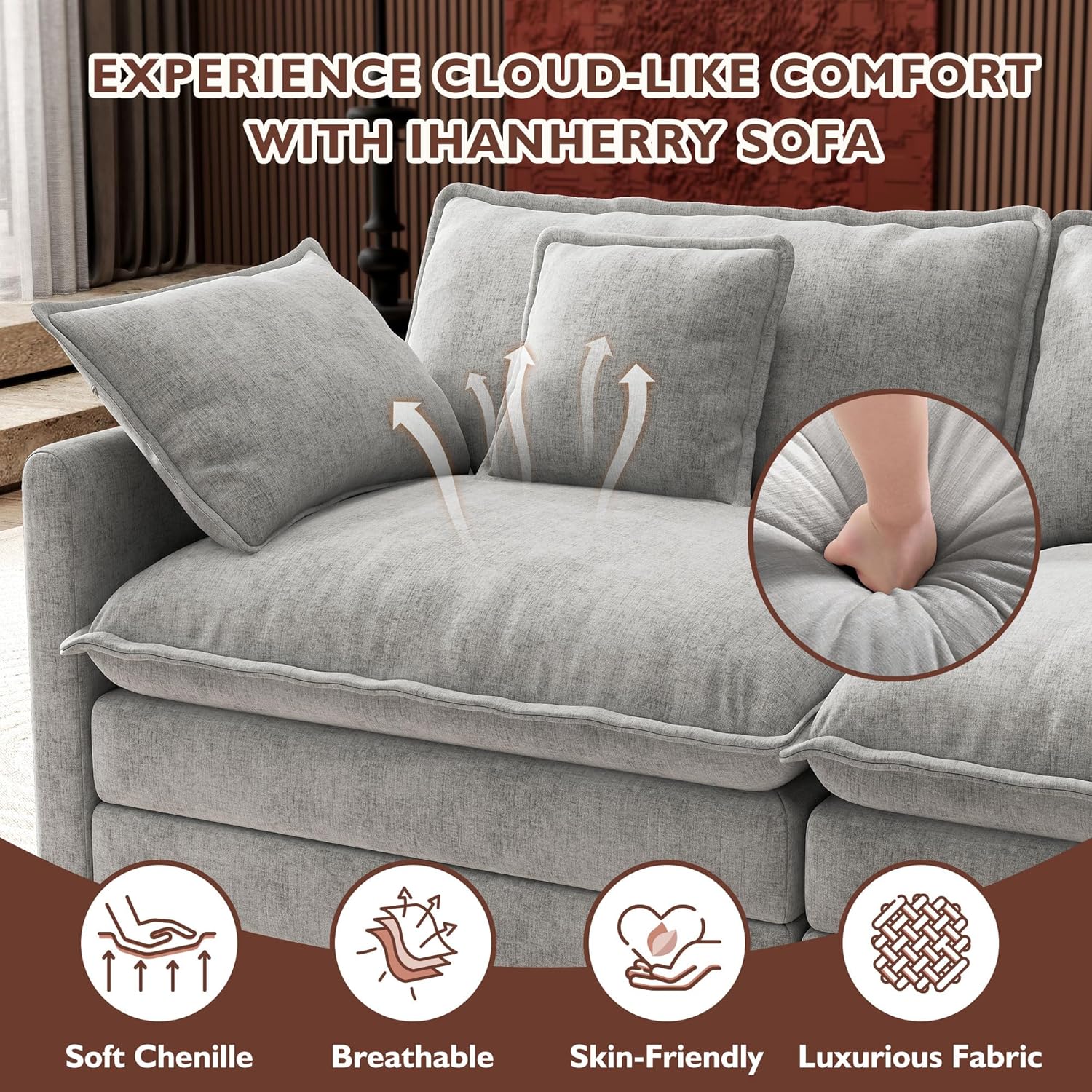 Ihanherry 146" U-Shaped Modern Sofa Modular Sectional Cloud Couch with 2 Ottoman, 6-Seat Chenille Deep Seat Sofa with 6 Pillows for Living Room, Bedroom and Apartment, Grey