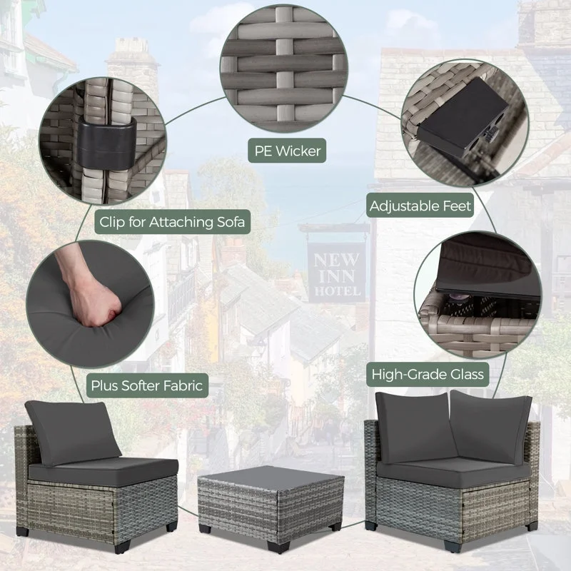 Ainfox 7 Pcs Outdoor Patio Furniture Sofa Set, Grey Rattan Grey Cushion