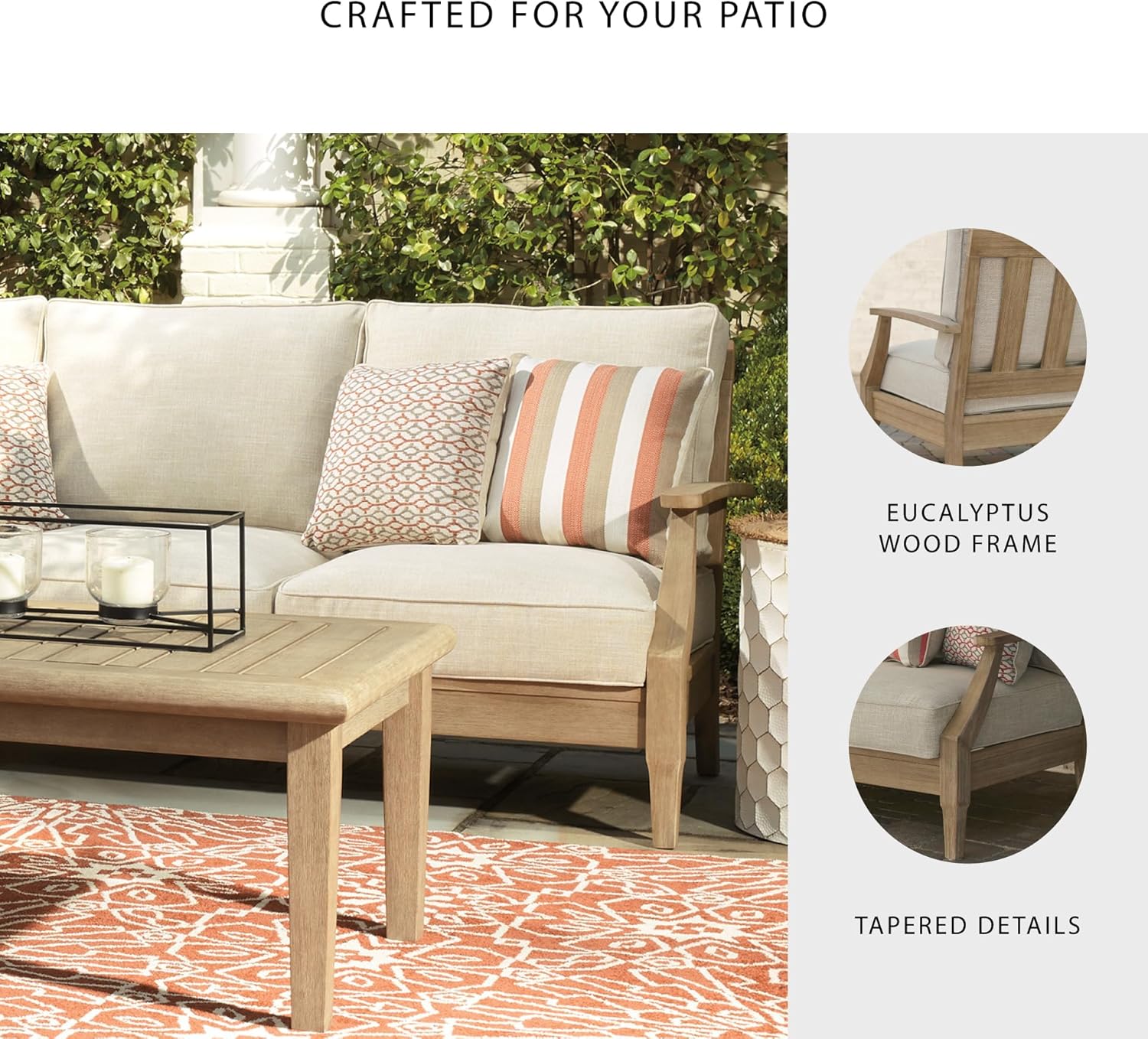 Signature Design by Ashley Clare View Coastal Outdoor Patio Eucalyptus Sofa with Cushions, Beige