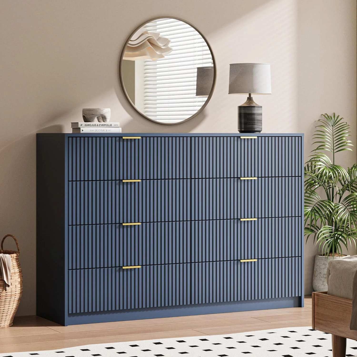 Furniway Black Dresser for Bedroom, 8 Drawer Double Dresser, Modern Chest of Drawers for Bedroom, Living Room, Entryway and Closet, 55" L x 15.7" D x 37.4" H