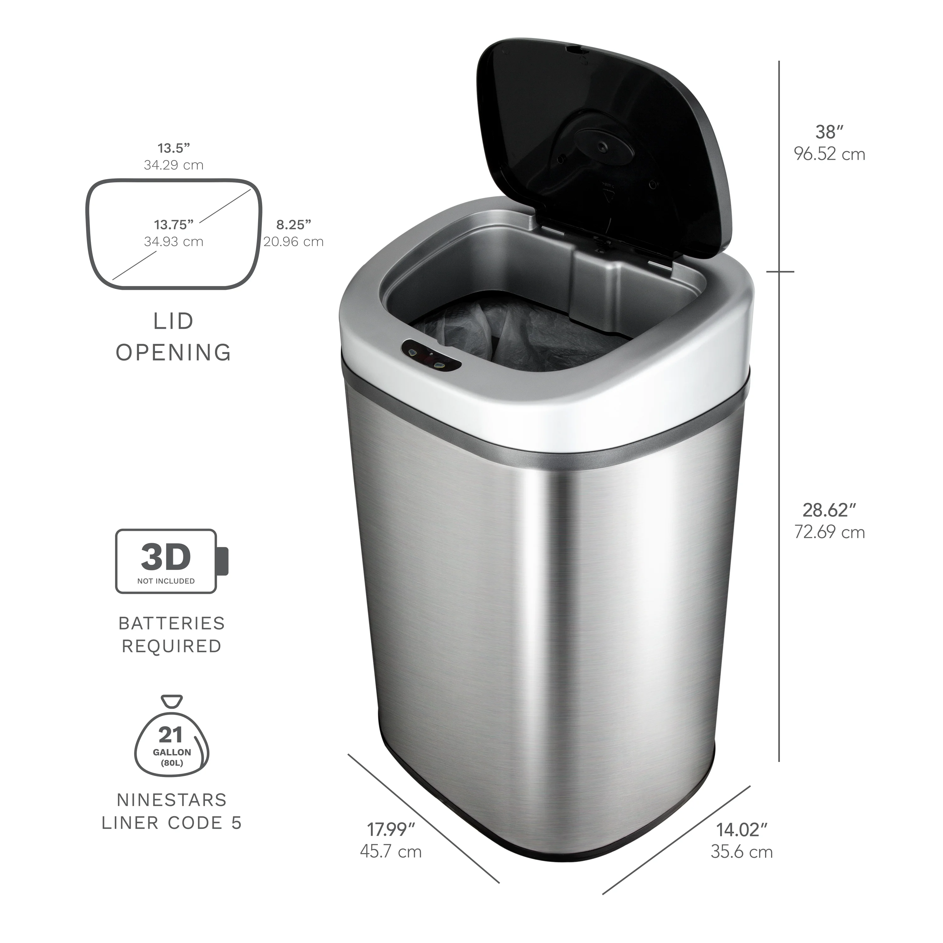 Nine Stars Automatic Trash Can, 21 Gallon Stainless Steel, Motion Sensor Hands Free Soft Close Lid Garbage Bin, Silver