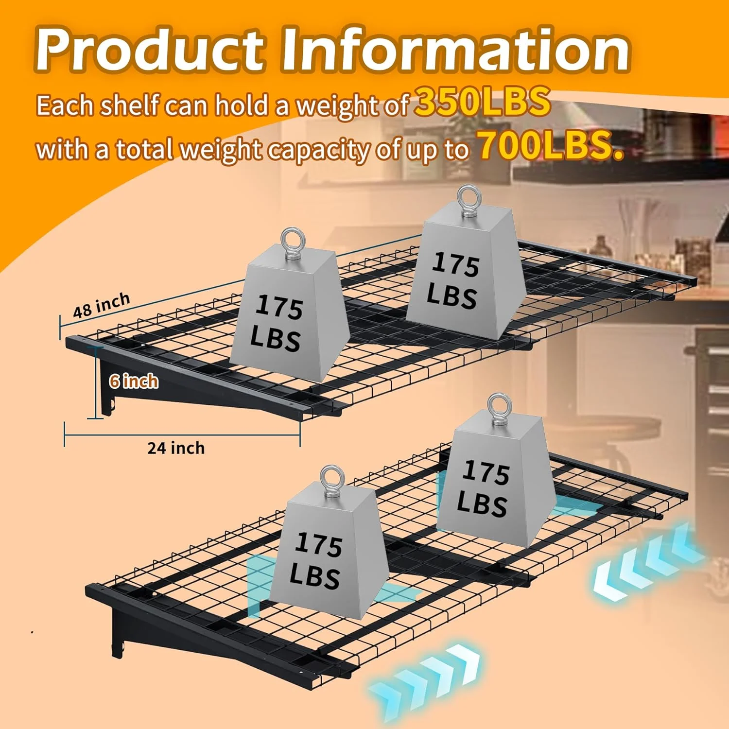 Garage Wall Shelving, 2-Pack 2 x 4ft Garage Storage Rack,Loads 700 lbs 24-inch-by-48-inch Heavy Duty Wall Shelves,24 x 48 Garage Wall Shelf,Black