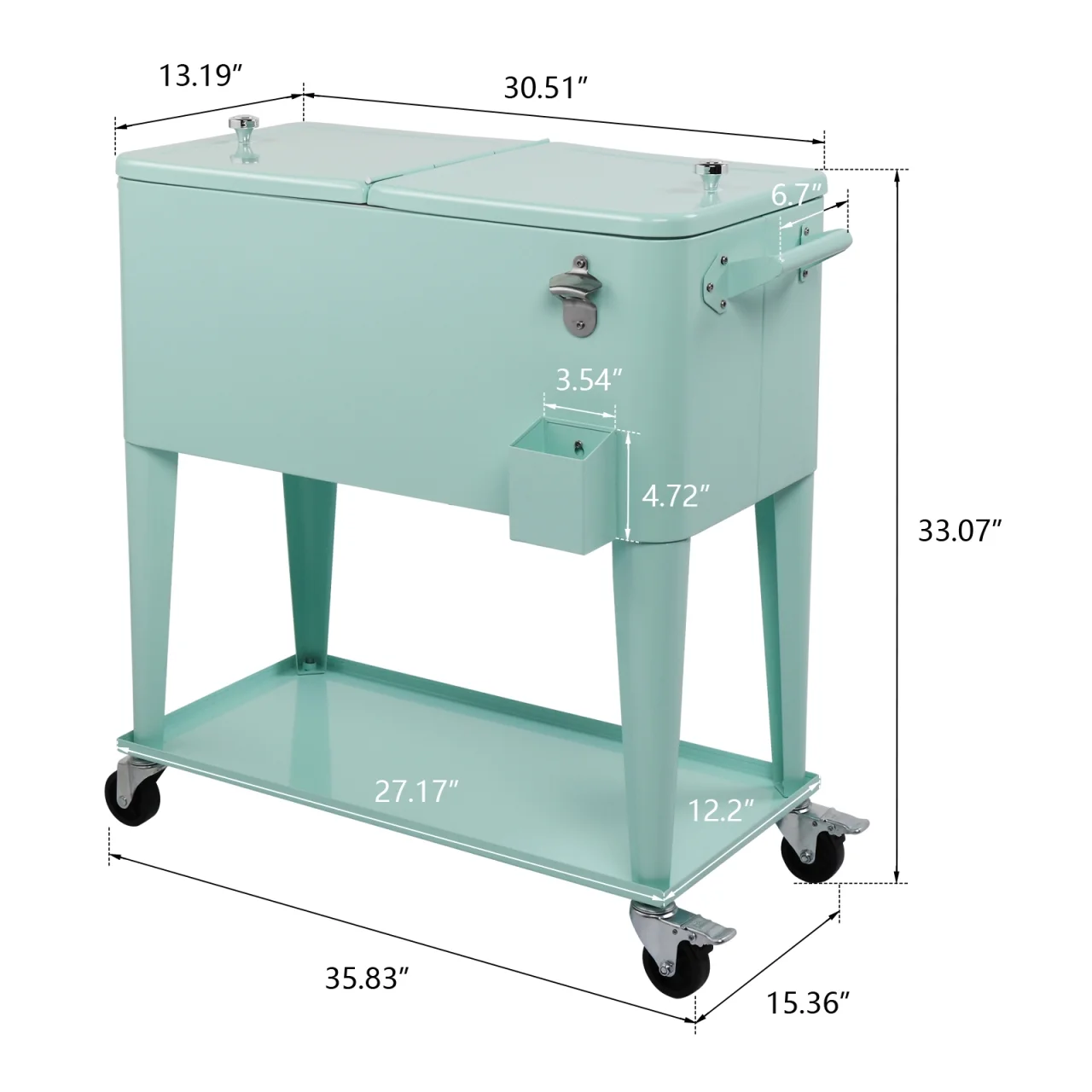 80Qt All-In-One Cooler Cart With Bottle Opener, Lower Storage Shelf and Cap Catcher, Outdoor Party Rolling Cooler With Lockable Wheels For Pool Side, Patio, Balcony, Mint(33.07 x 15.16 x 35.83)"