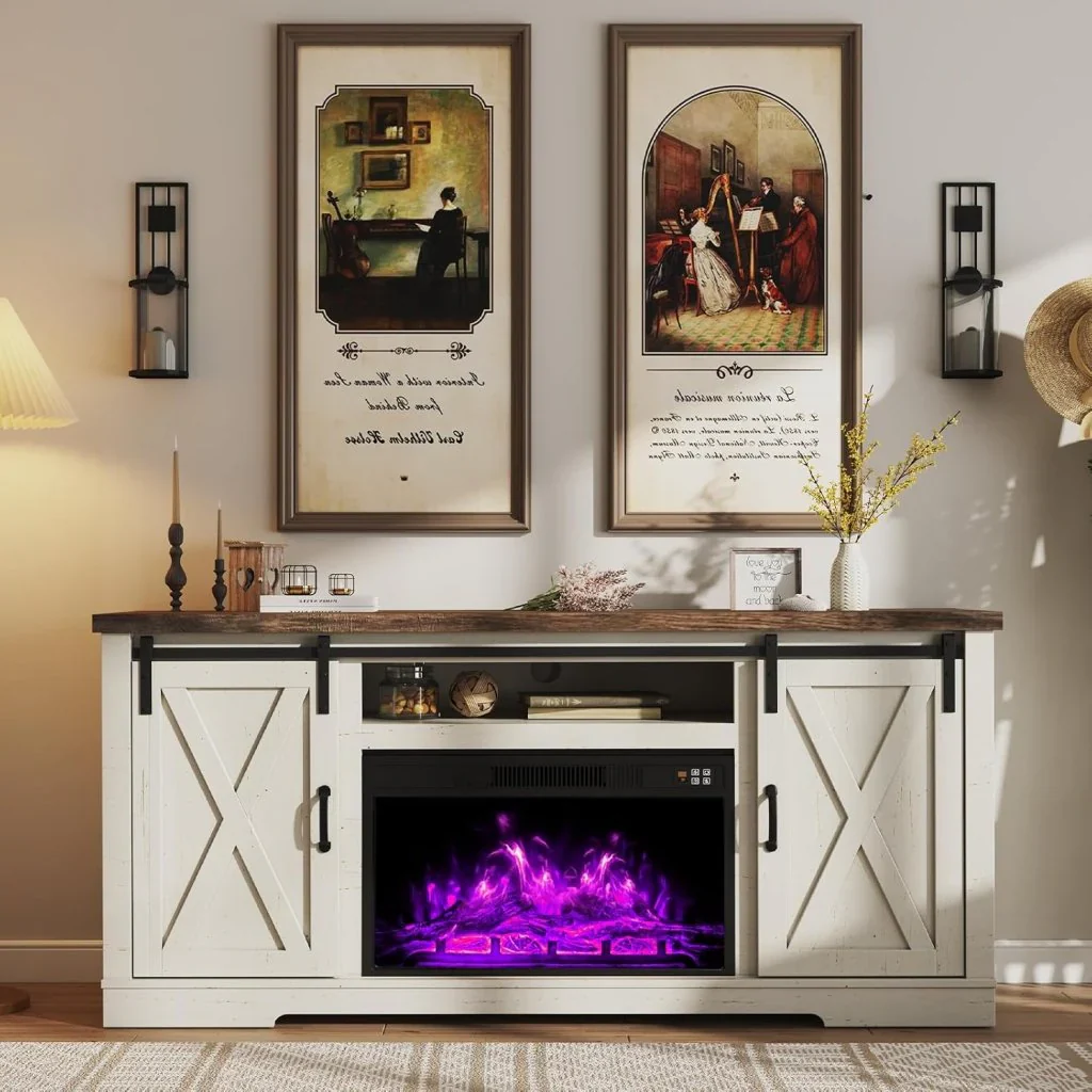 AMERLIFE Fireplace TV Stand with Sliding Barn Door for TVs up to 73", Farmhouse 63" Fireplace Entertainment Center with Storage Cabinets/Adjustable Shelves