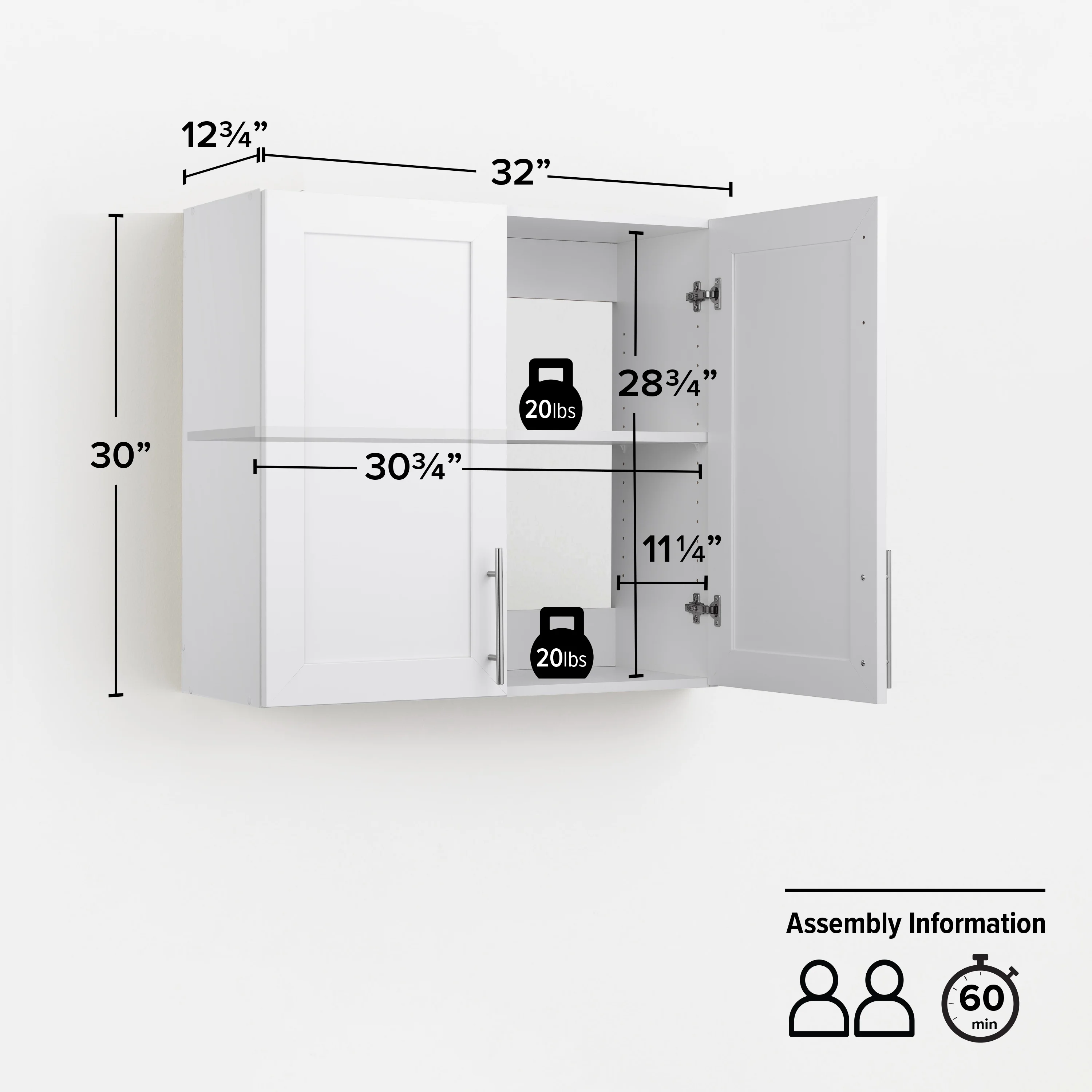 Prepac Elite 32" H Wall Cabinet with Panel Doors, White Storage Cabinet, Bathroom Cabinet, Pantry Cabinet with with 1 Adjustable Shelf 12.75" D x 32" W x 30" H, WSUR-1003-1