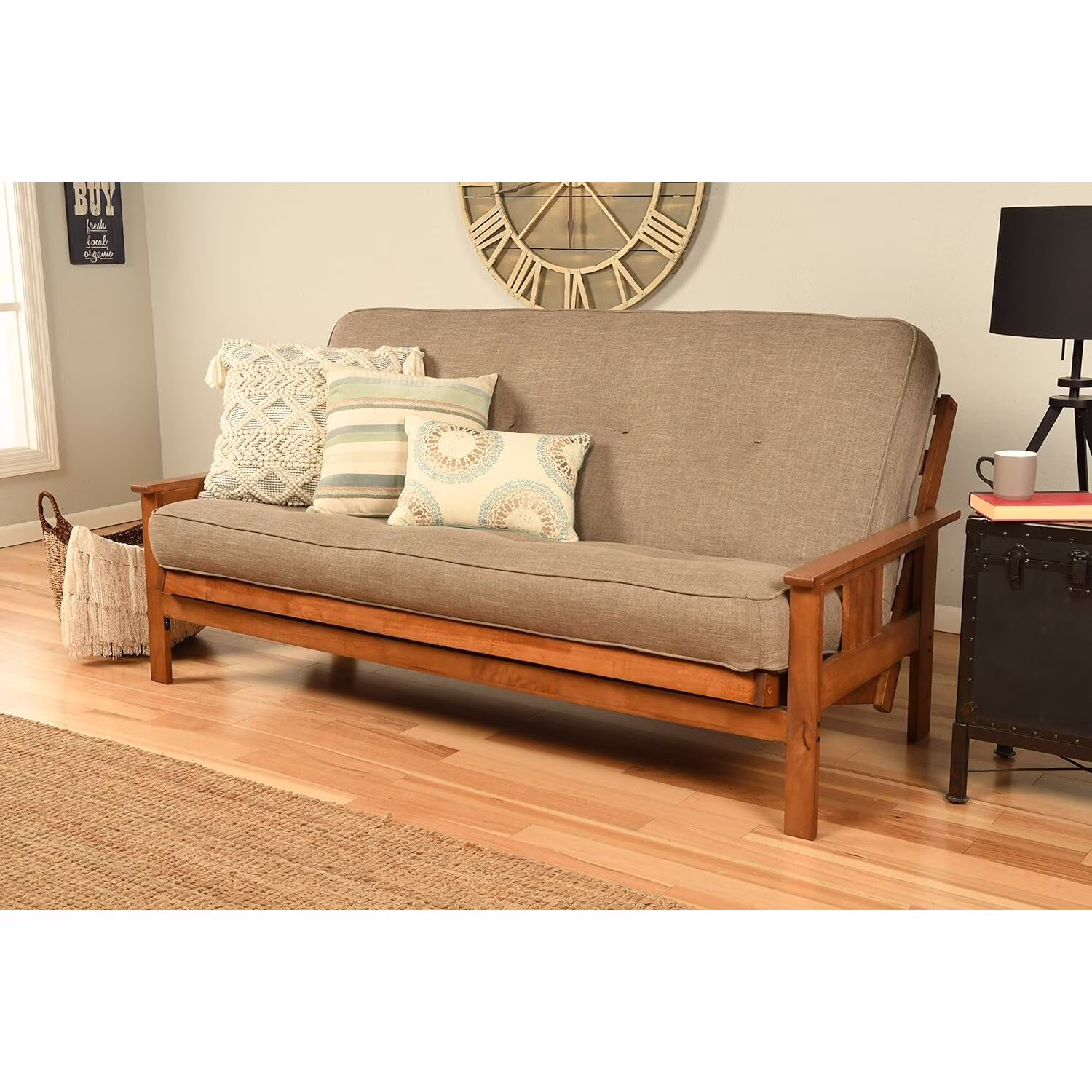 Homestock African Artifacts Full Size Futon Frame Set with Mattress, Easily Converts to Bed, Versatile Design Futon Frame for All Spaces, 33"H x 79"L x 37"D-Color:Linen Charcoal,Size:Barbados