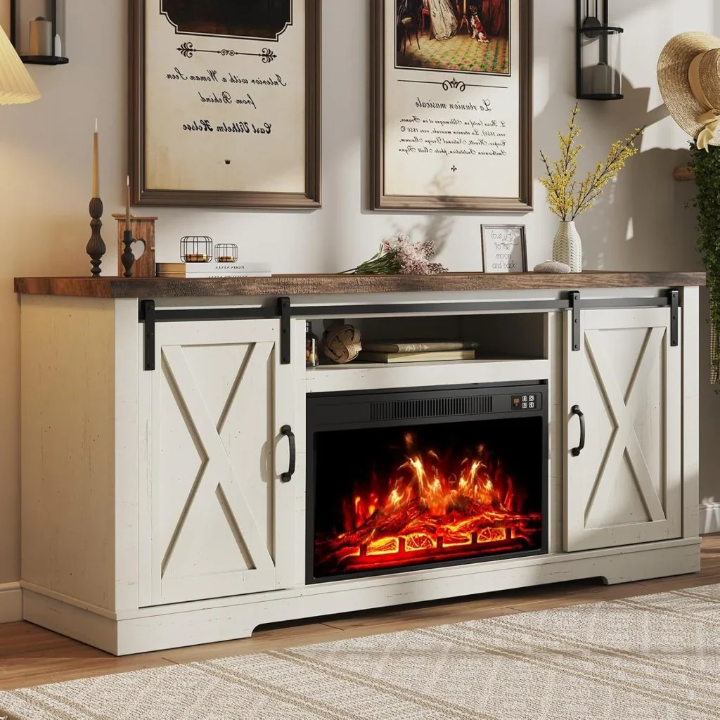 AMERLIFE Fireplace TV Stand with Sliding Barn Door for TVs up to 73", Farmhouse 63" Fireplace Entertainment Center with Storage Cabinets/Adjustable Shelves