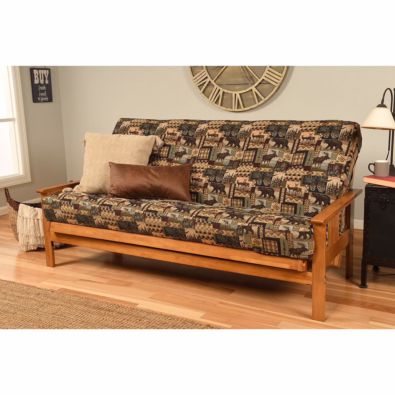 Homestock African Artifacts Full Size Futon Frame Set with Mattress, Easily Converts to Bed, Versatile Design Futon Frame for All Spaces, 33"H x 79"L x 37"D-Color:Linen Charcoal,Size:Barbados