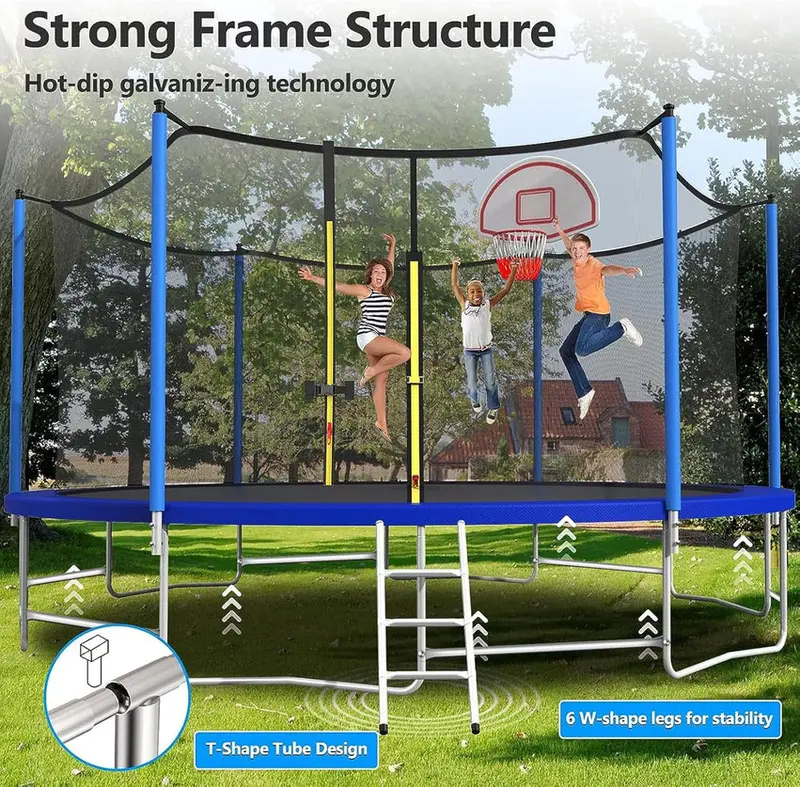 Trampoline With Enclosure Net And Adjustable Basketball Hoop - 8ft, 10ft, 12ft, 14ft, 15ft, 16ft