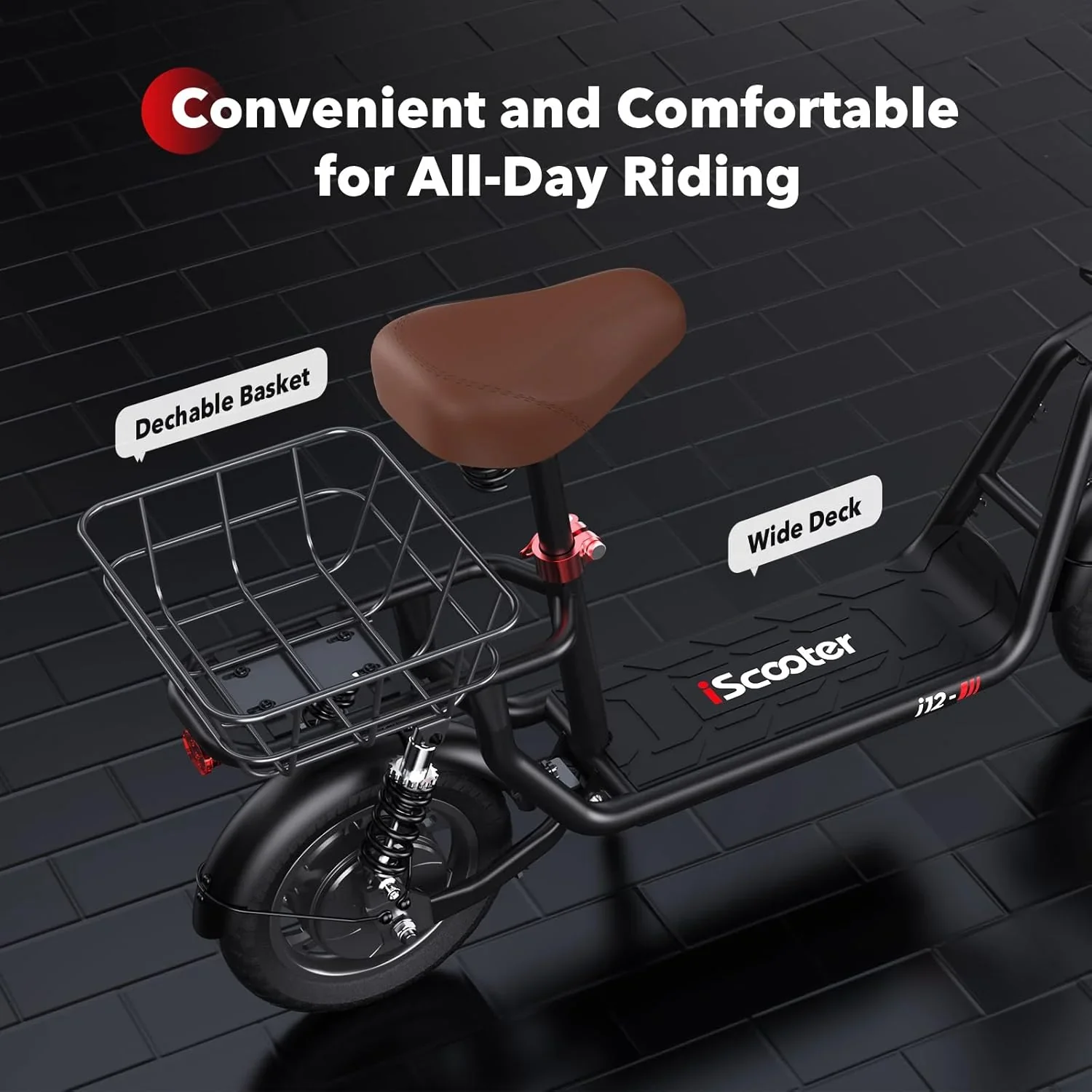 iScooter electric scooter with seat, 37/21 mile range, 28/19/15.6 mph top speed, dual suspension scooter with basket