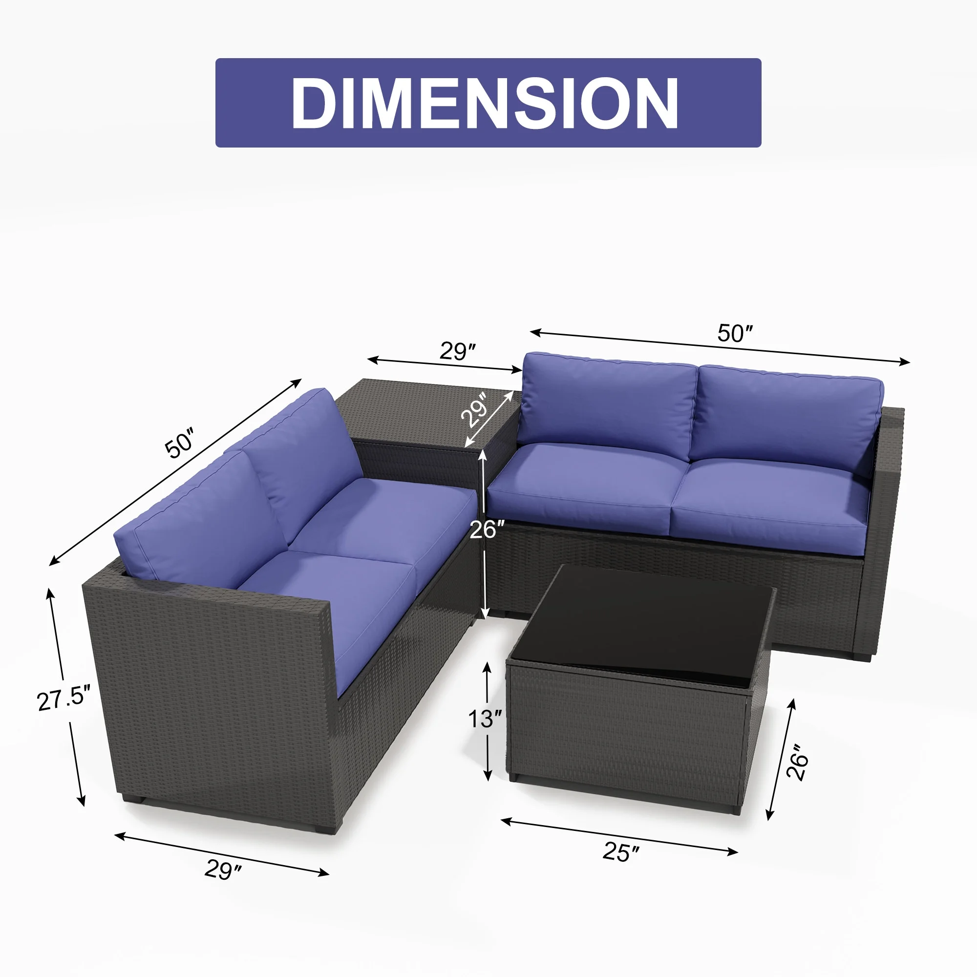 Ainfox 7 Pcs Outdoor Patio Furniture Sofa Set, Grey Rattan Grey Cushion