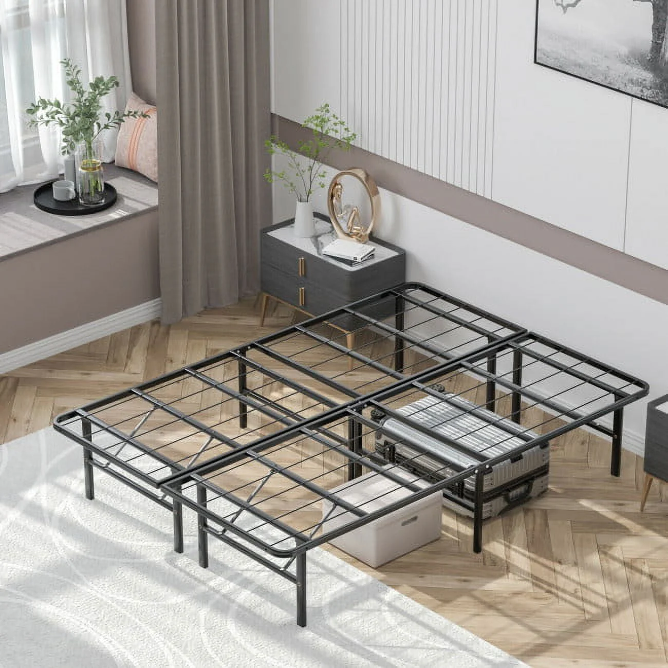 74″ x 53″ x 14″ Foldable Metal Platform Bed Frame, No Box Spring Needed Steel Slats Support, 14 Inches High Under Bed Storage, Tool-free Assembly, Full Size