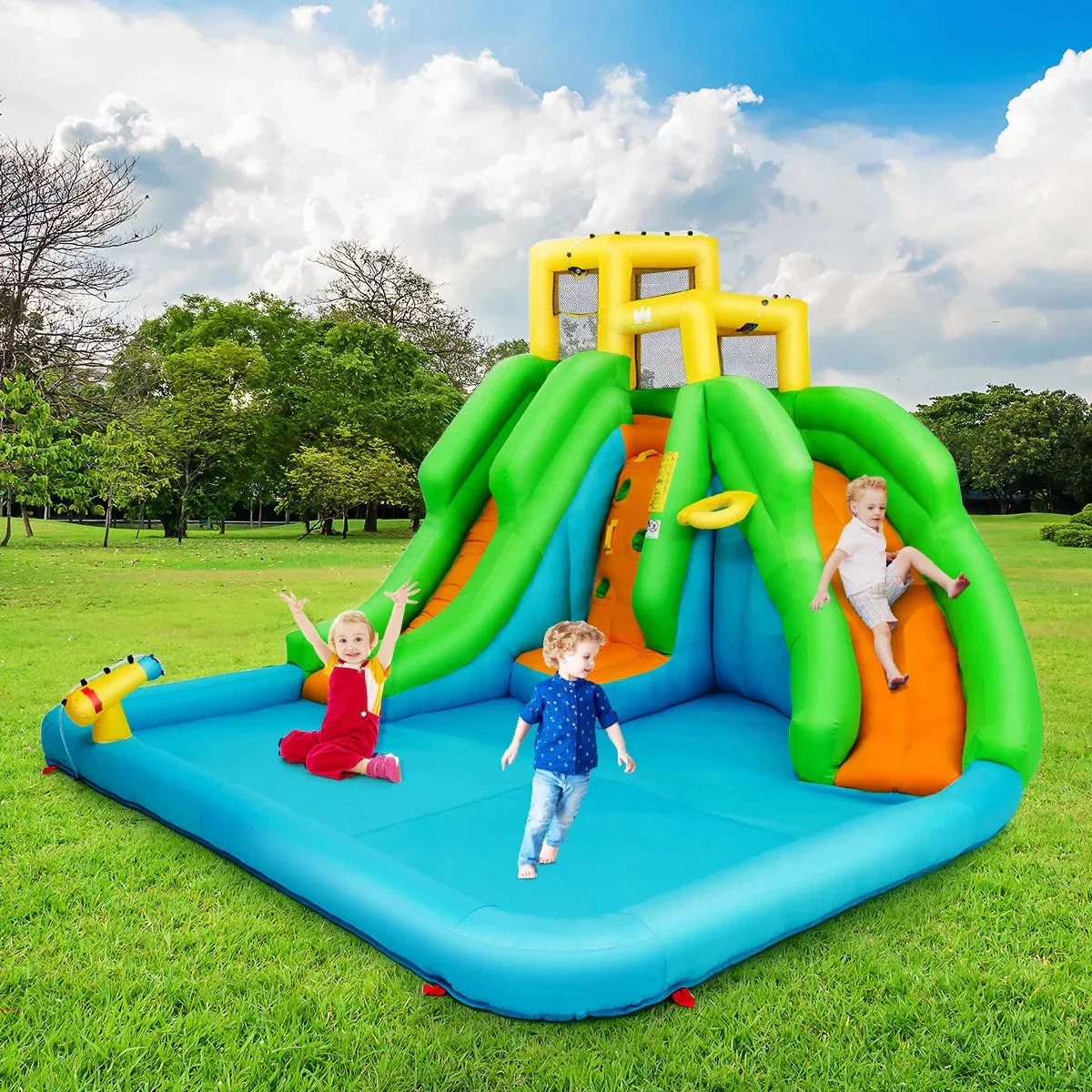 Inflatable Water Park Bounce House w/Climbing Wall Two Slides and Splash Pool
