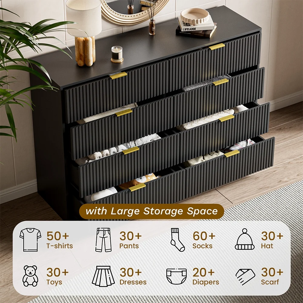 Furniway Black Dresser for Bedroom, 8 Drawer Double Dresser, Modern Chest of Drawers for Bedroom, Living Room, Entryway and Closet, 55" L x 15.7" D x 37.4" H