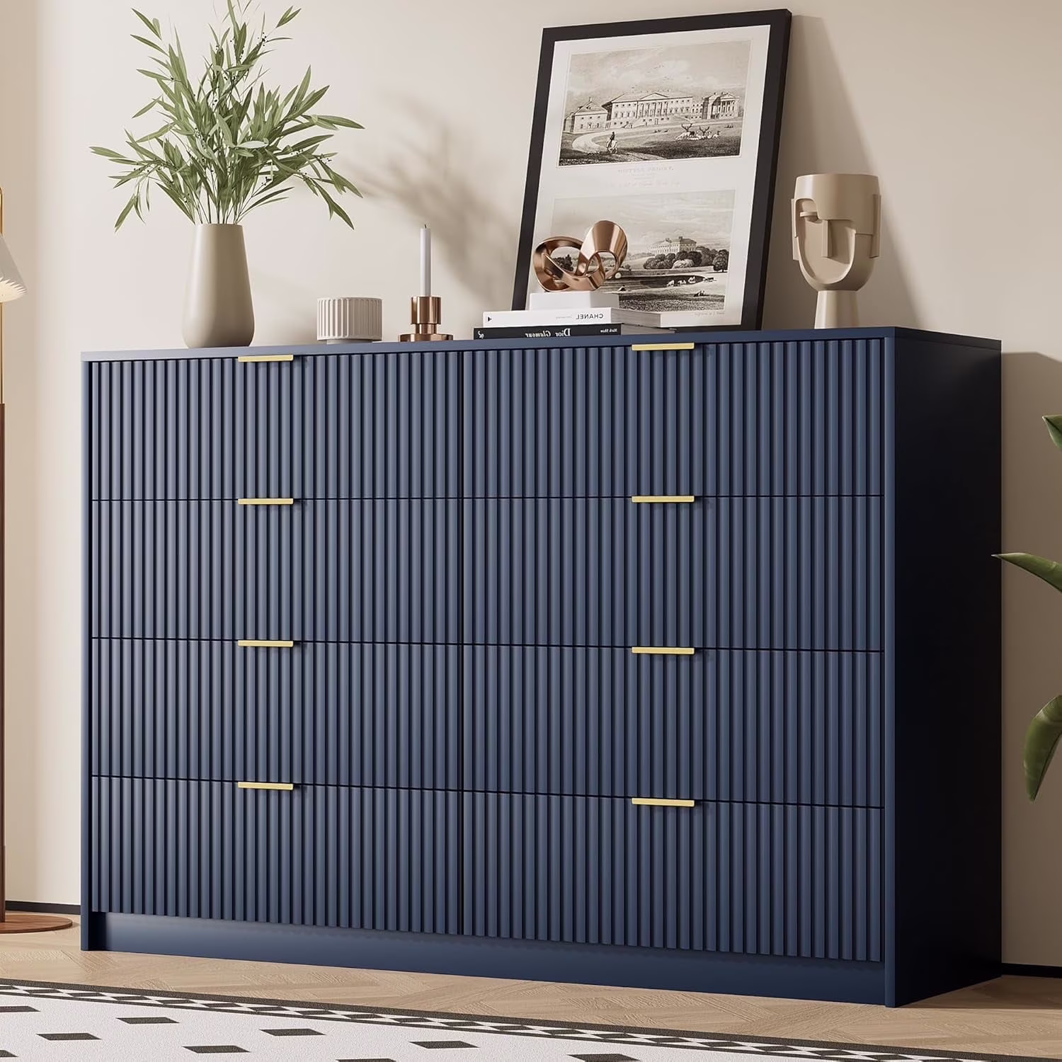 Furniway Black Dresser for Bedroom, 8 Drawer Double Dresser, Modern Chest of Drawers for Bedroom, Living Room, Entryway and Closet, 55" L x 15.7" D x 37.4" H