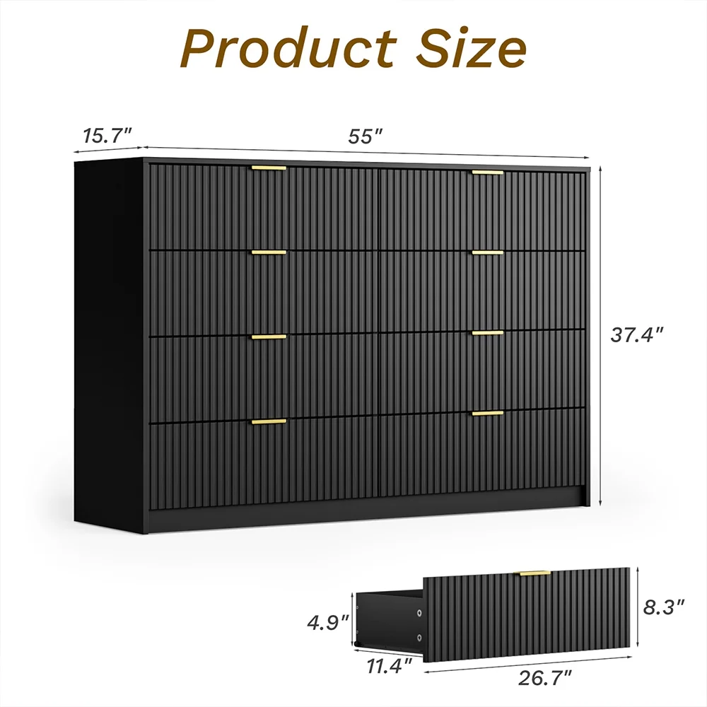 Furniway Black Dresser for Bedroom, 8 Drawer Double Dresser, Modern Chest of Drawers for Bedroom, Living Room, Entryway and Closet, 55" L x 15.7" D x 37.4" H