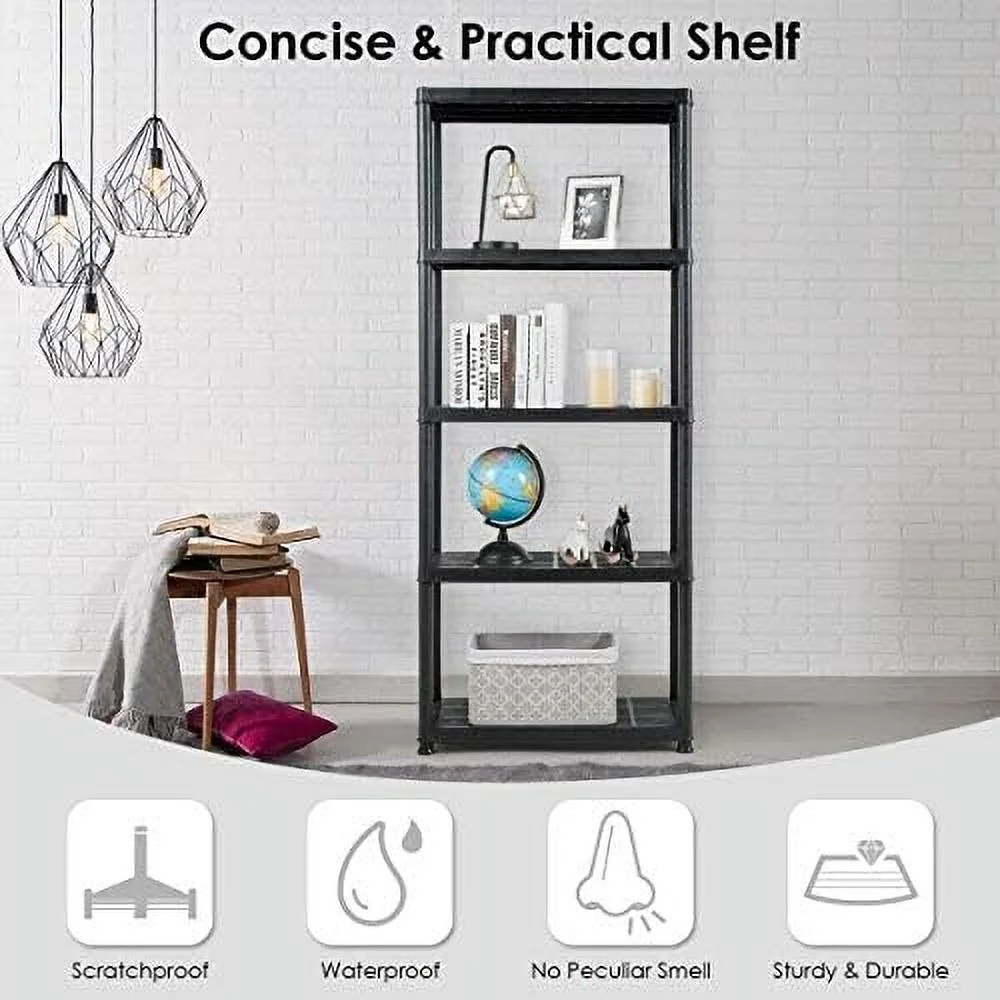 5 Tier Plastic Storage Shelves, Easy to Assemble Garage Rack, Multi-Use Free Standing Shelf Unit, Heavy Duty Shelving for Home Office, Black(2, 36L X 18W X 73H)