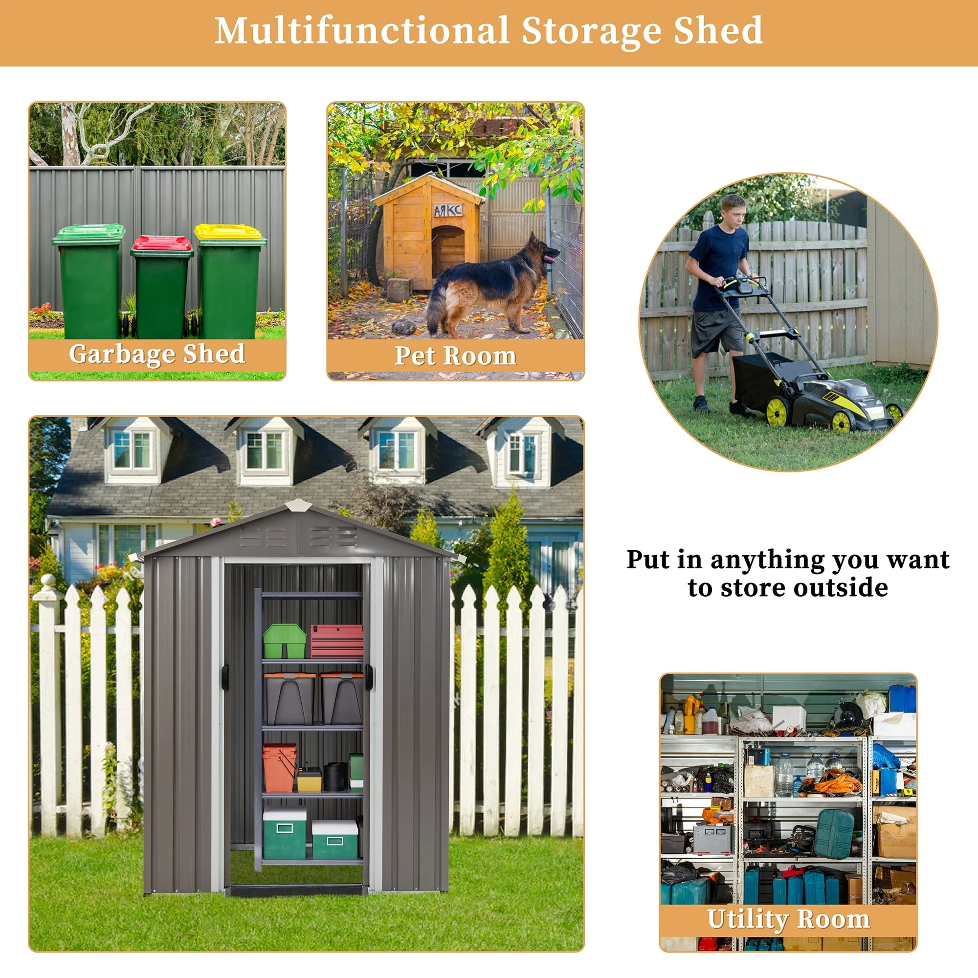 Sobaniilo 5’x 3’x 6′ FT Outdoor Storage Metal Shed with Lockable Door, Tools Storage Shed Clearance, Outdoor House for Backyard Patio, Lawn and Garden, Gray