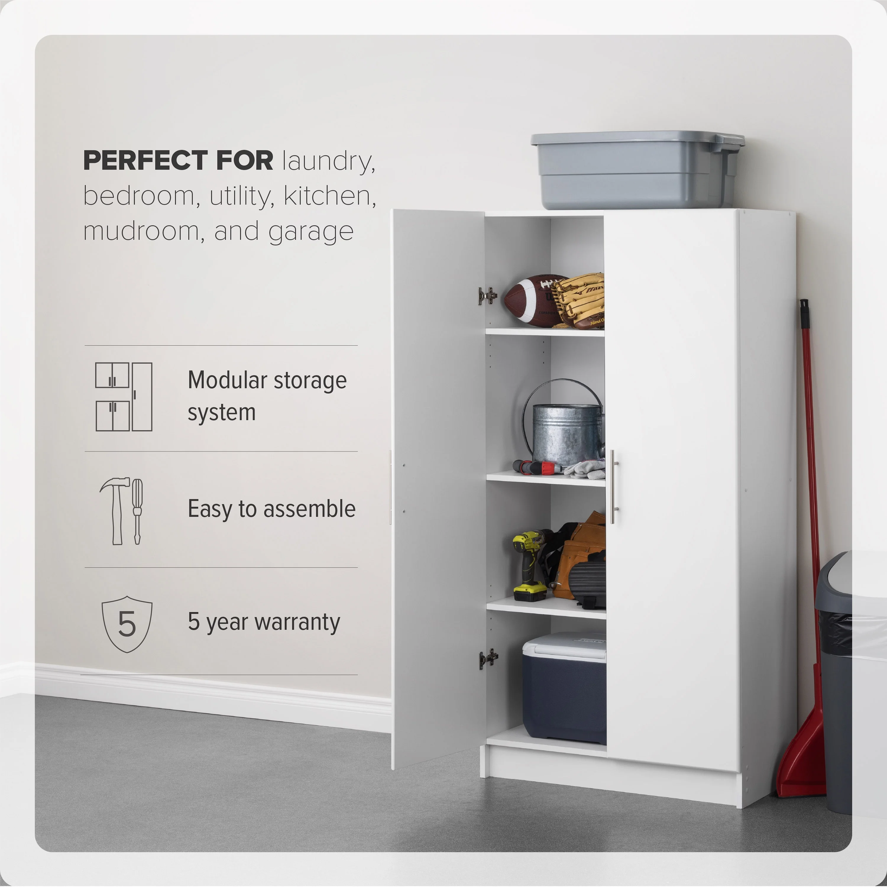 Prepac Adjustable Shelves Cabinet - Functional Tall Garage Table, 16"D x 32"W x 65"H Freestanding Garage Cabinet with 2-Doors, White - WES-3264