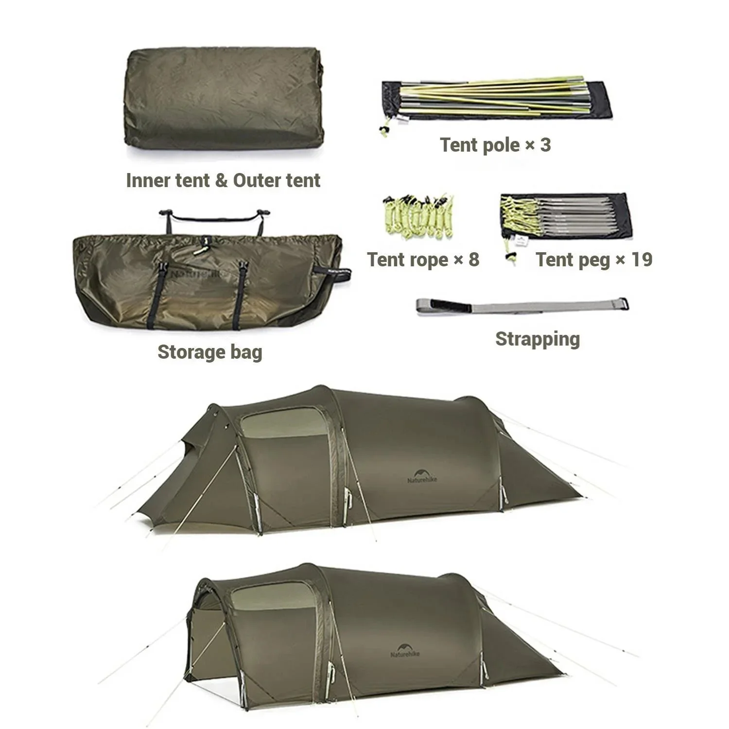 Naturehike Baluosi UL Ultralight Tunnel Hiking Tent, 15D, 2/3 Person, Olive Green - CNK2450WS036