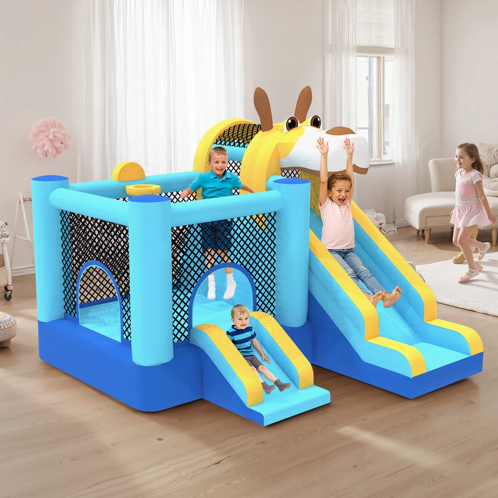 Mukidy 114''x 114'' x 92.5'' Inflatable Bounce Houses for Kids 3-10 with Blower Double Slide and Ball Pit/Indoor Bouncy House, PVC, Child, Teen, Toddler,Blue