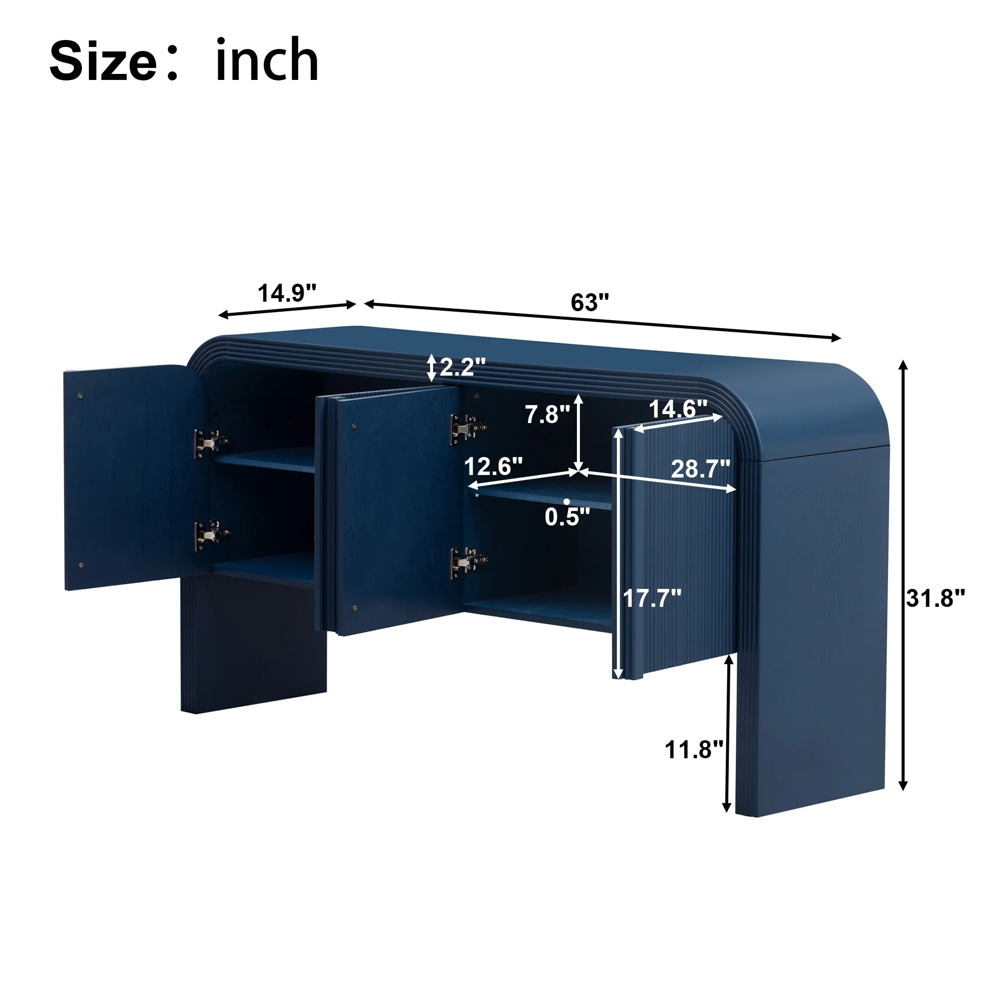 Accent Cabinet with 4 Doors, TUANLUO Buffet Cabinet with Adjustable Shelves, Wood Storage Cabinet, Modern Accent Cabinet Furniture for Hallway Entryway Living Room, 59"L x 15.7"W x 33.2"H, Blue