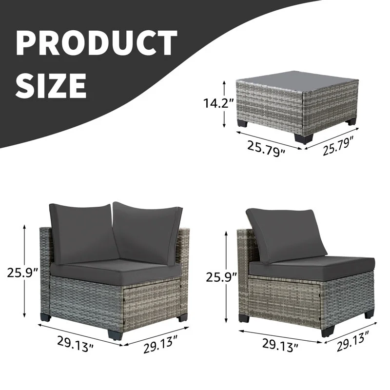 Ainfox 7 Pcs Outdoor Patio Furniture Sofa Set, Grey Rattan Grey Cushion