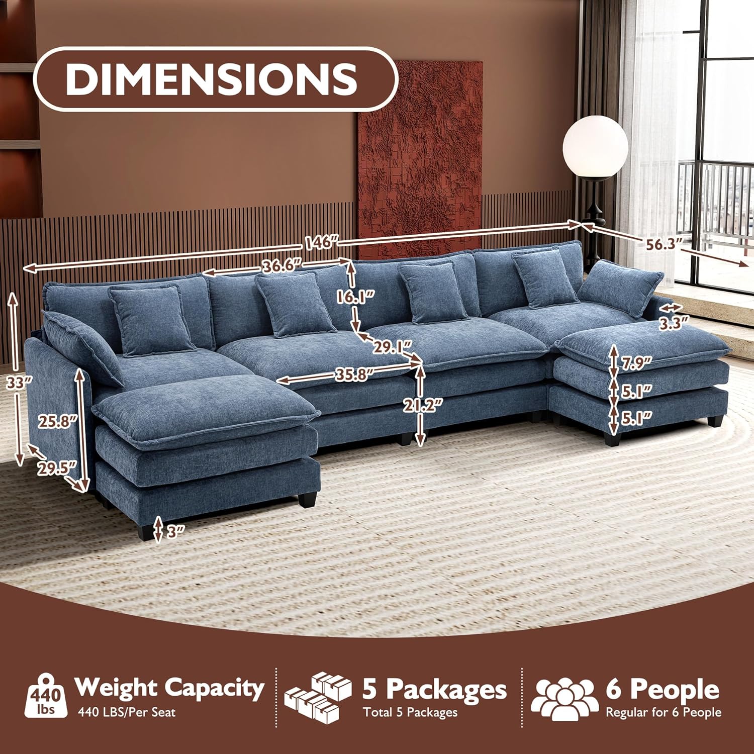 Ihanherry 146" U-Shaped Modern Sofa Modular Sectional Cloud Couch with 2 Ottoman, 6-Seat Chenille Deep Seat Sofa with 6 Pillows for Living Room, Bedroom and Apartment, Grey