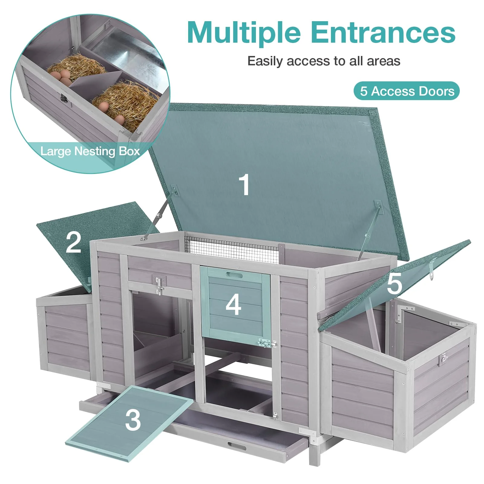 BUTINGLALE Chicken Coop, Outdoor Hen House Poultry Cage with Nesting Box, Leakproof Pull Out Tray and UV-Resistant Roof (67" L x 25" W x 28" H)