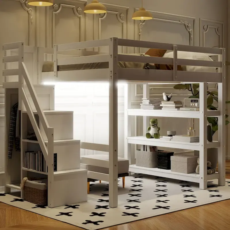 Full/Twin Loft Bed with Storage Stairs – Shelves, Wardrobe & LED Light, Space-Saving Design