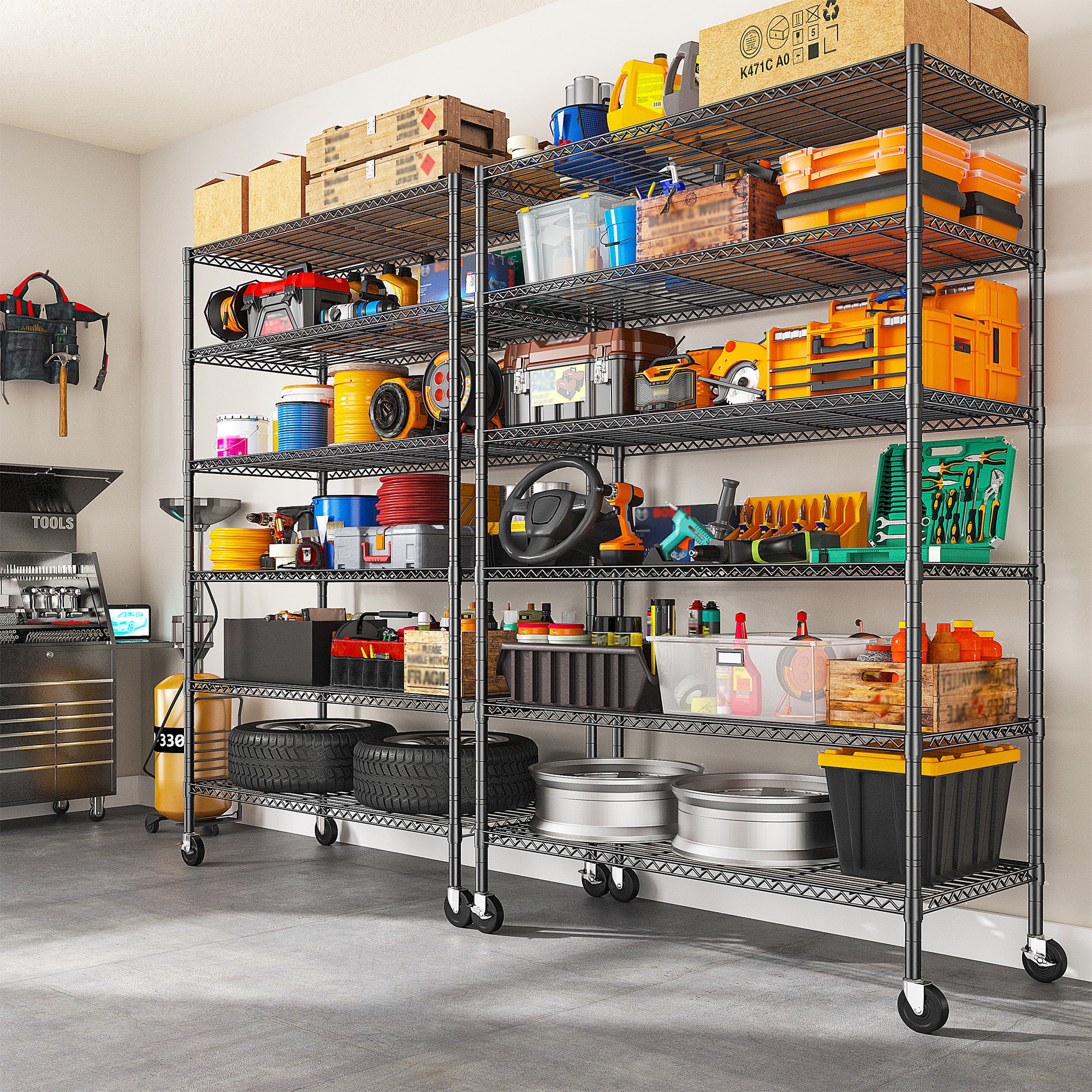 REIBII 6-Tier Wire Shelving Unit with Wheels, 82"H x 45"W x 18"D, 1200LBS Capacity,Adjustable Metal Storage Shelves for Garage,Kitchen,Pantry,Black