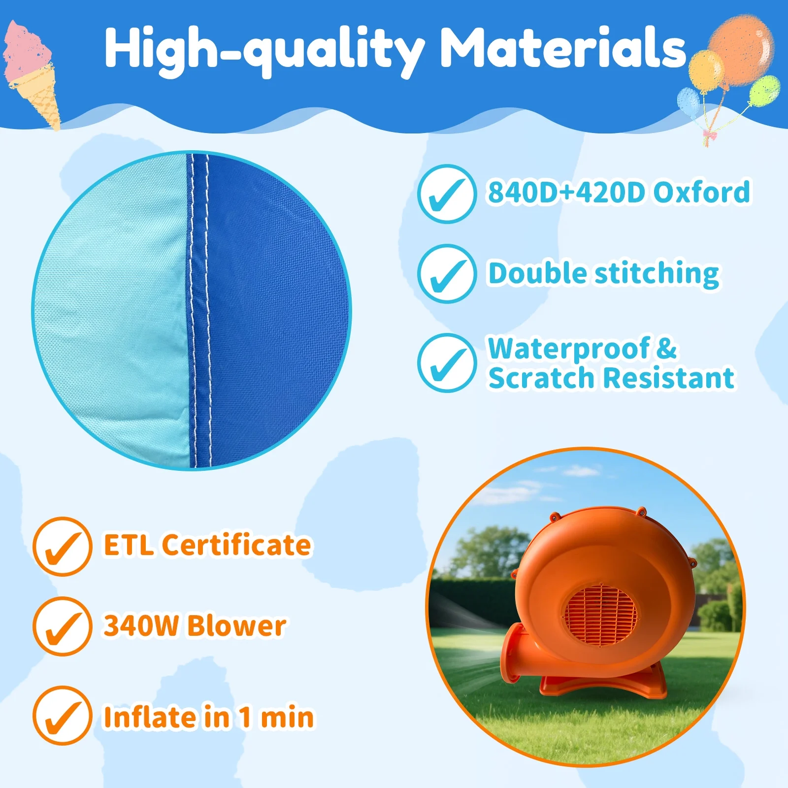 Mukidy 114''x 114'' x 92.5'' Inflatable Bounce Houses for Kids 3-10 with Blower Double Slide and Ball Pit/Indoor Bouncy House, PVC, Child, Teen, Toddler,Blue