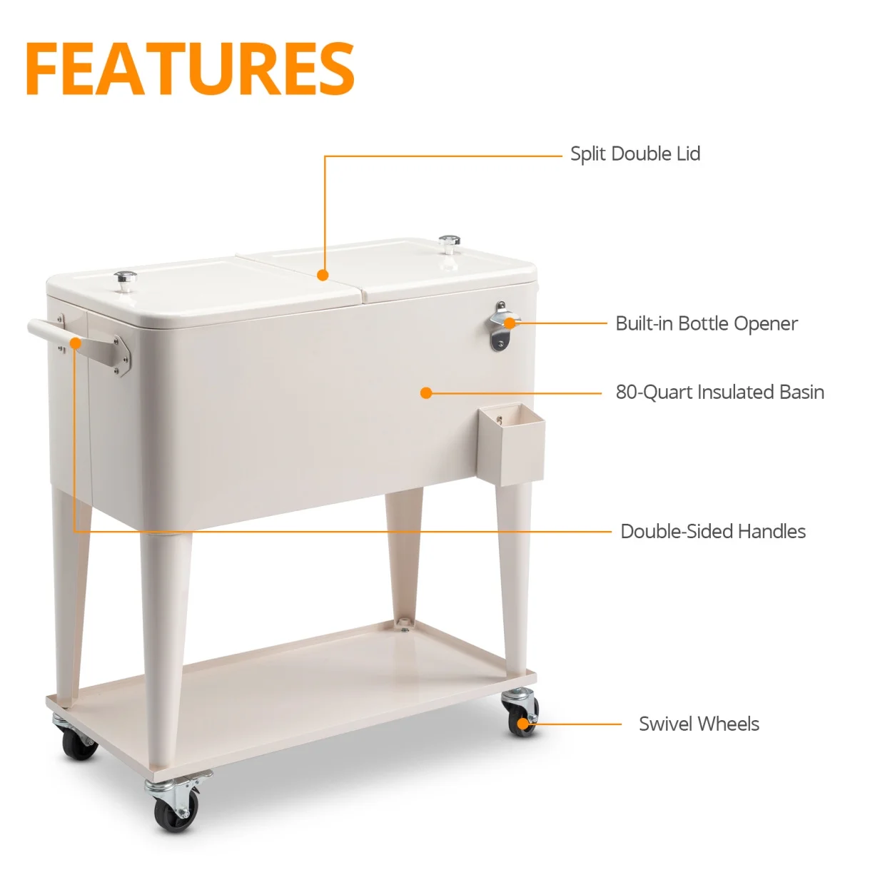 80Qt All-In-One Cooler Cart With Bottle Opener, Lower Storage Shelf and Cap Catcher, Outdoor Party Rolling Cooler With Lockable Wheels For Pool Side, Patio, Balcony, Mint(33.07 x 15.16 x 35.83)"