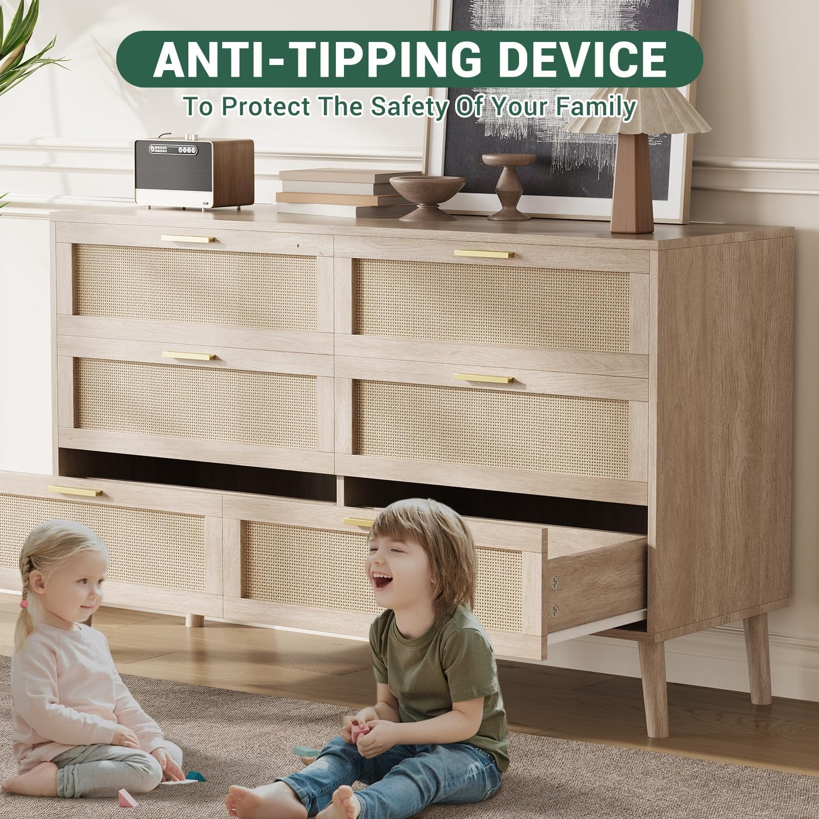Huloretions 6 Drawer Dresser,Rattan Chest of Dressers,Mid Century Modern Dresser For Closet With Handles,Large Table Top Dresser For Bedroom Living Room Hallway 47.2" x 15.7" x 29.5"